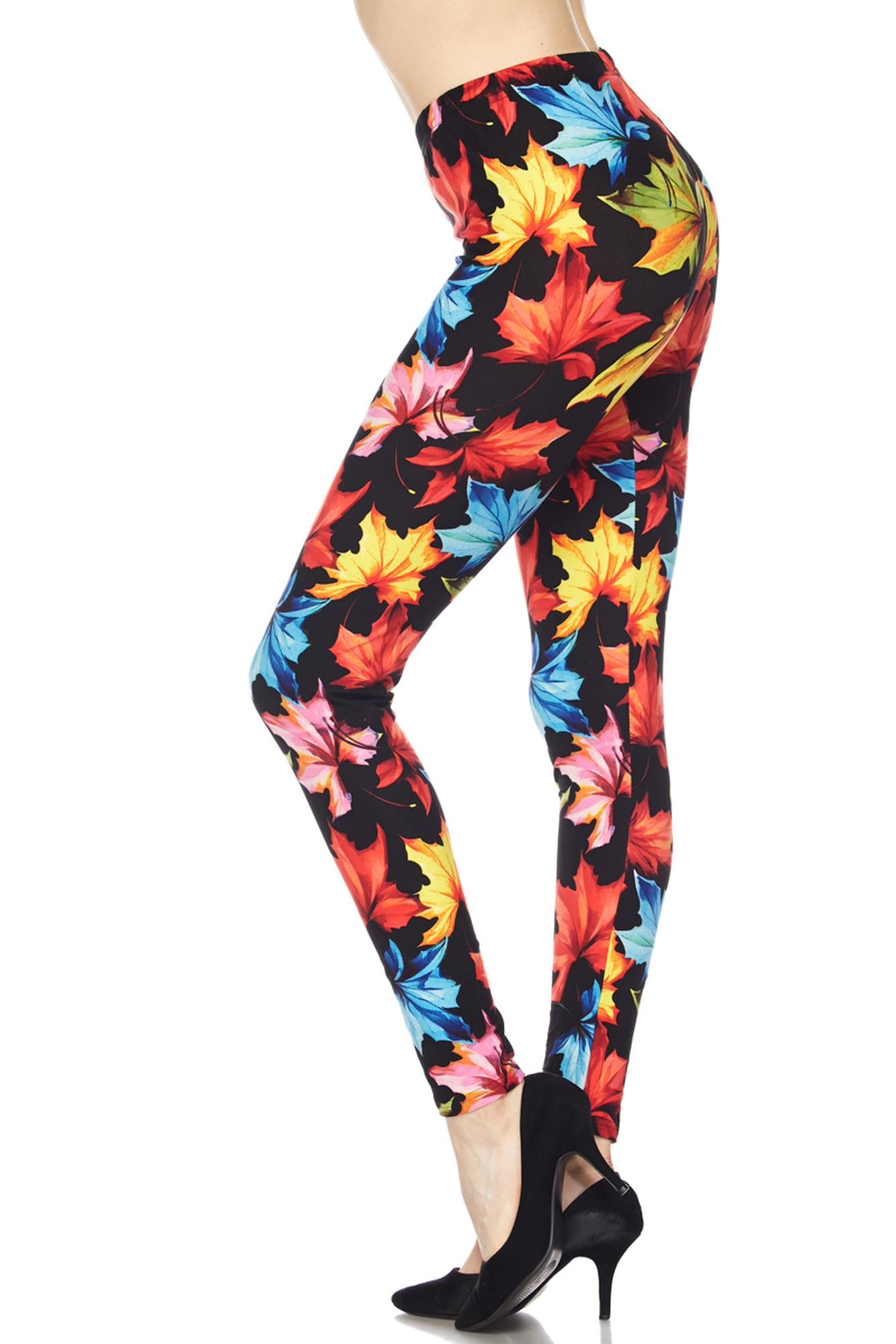 Buttery Soft Autumn Leaves Leggings (One Size Regular,Multi Color Bold)