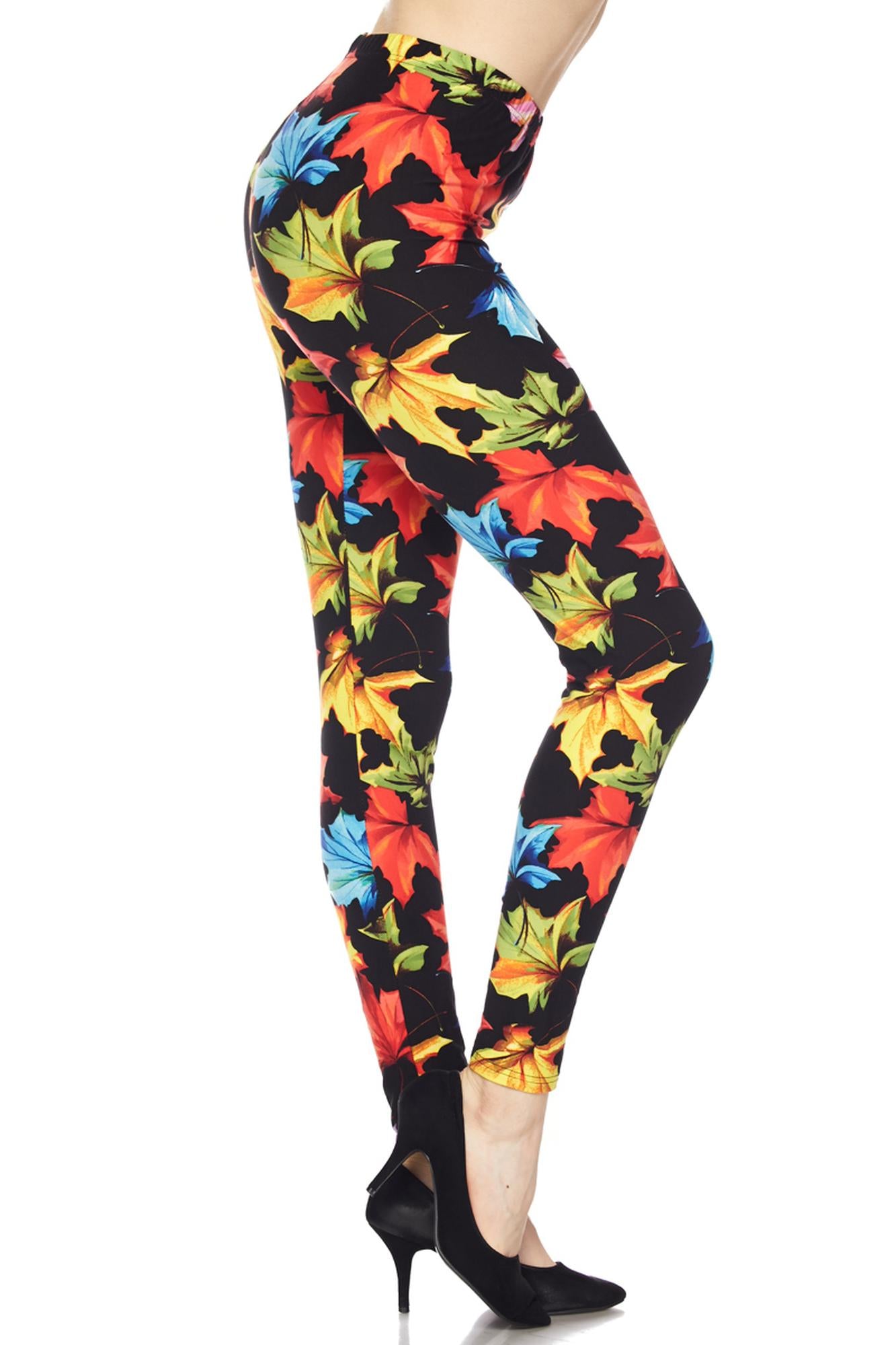 Buttery Soft Autumn Leaves Leggings (One Size Regular,Multi Color Bold)