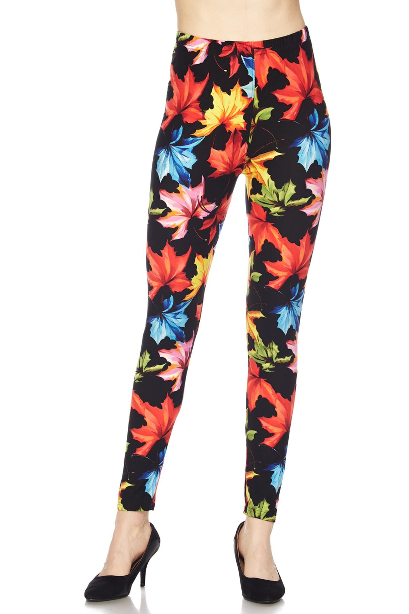 Buttery Soft Autumn Leaves Leggings (One Size Regular,Multi Color Bold)
