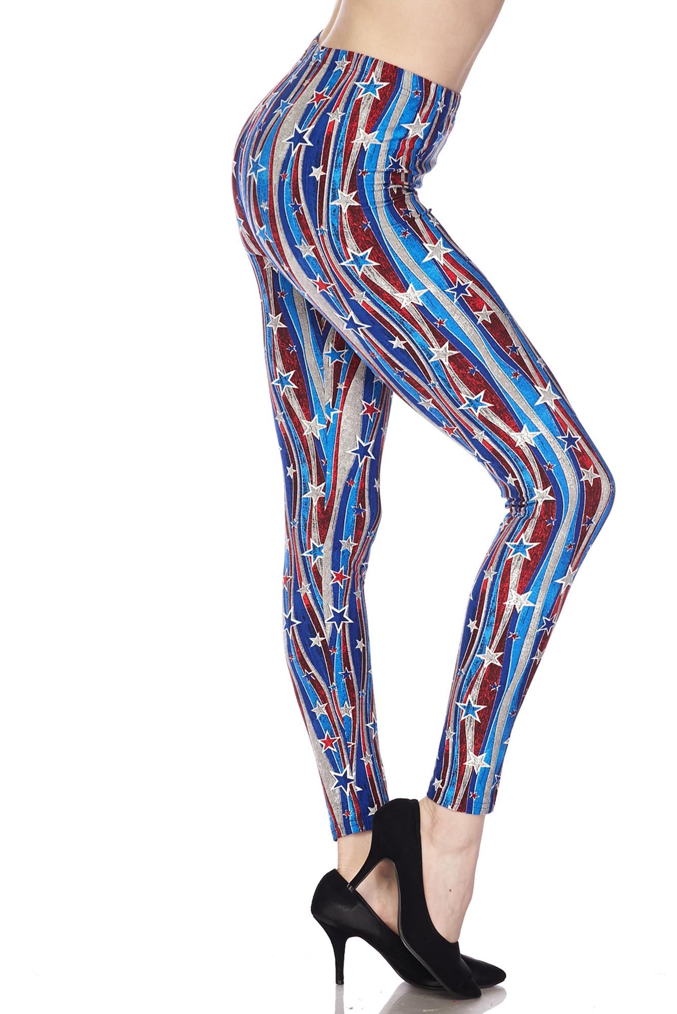 Buttery Soft Metallic USA Flag Leggings (One Size Regular,Blue)