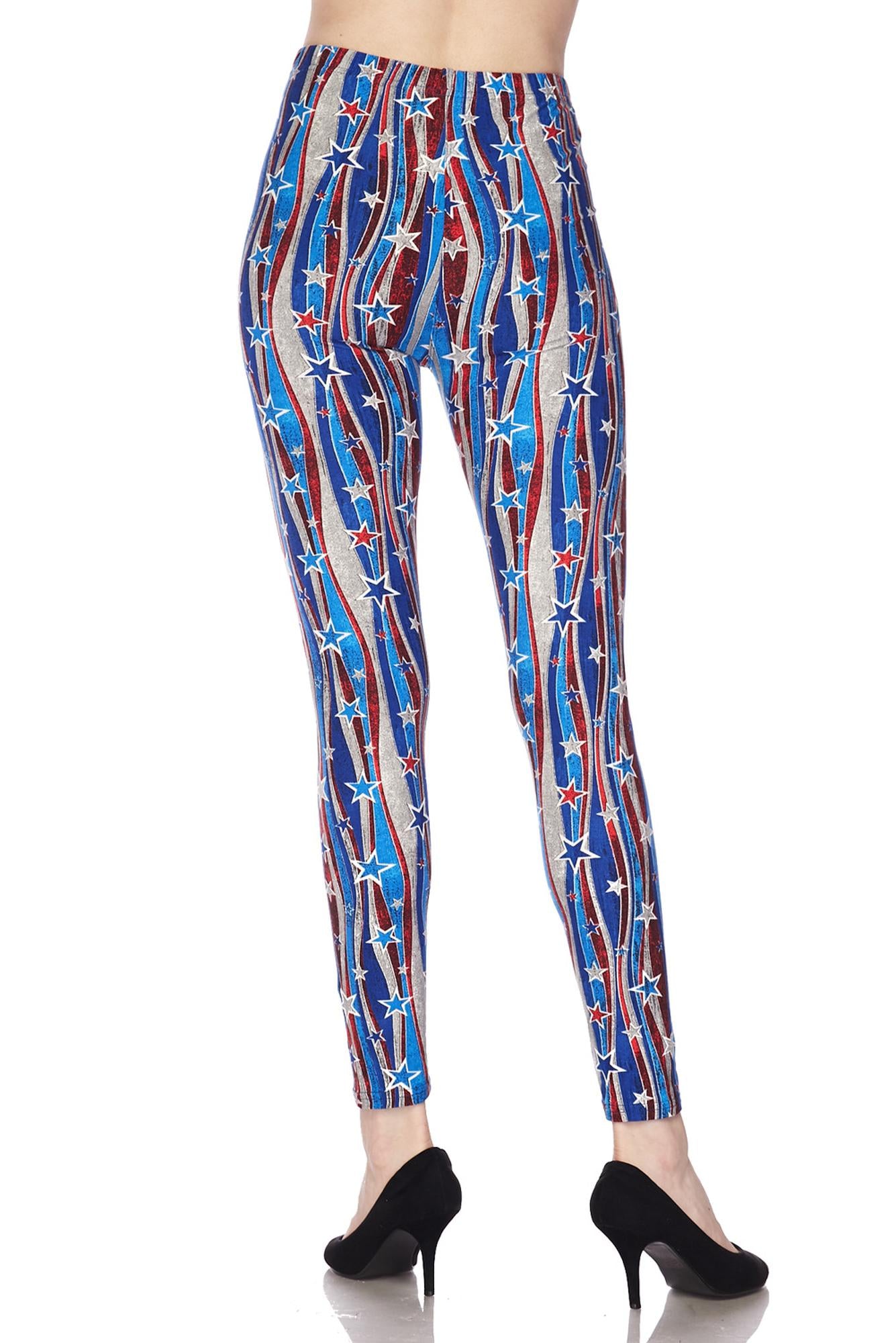 Buttery Soft Metallic USA Flag Leggings (One Size Regular,Blue)