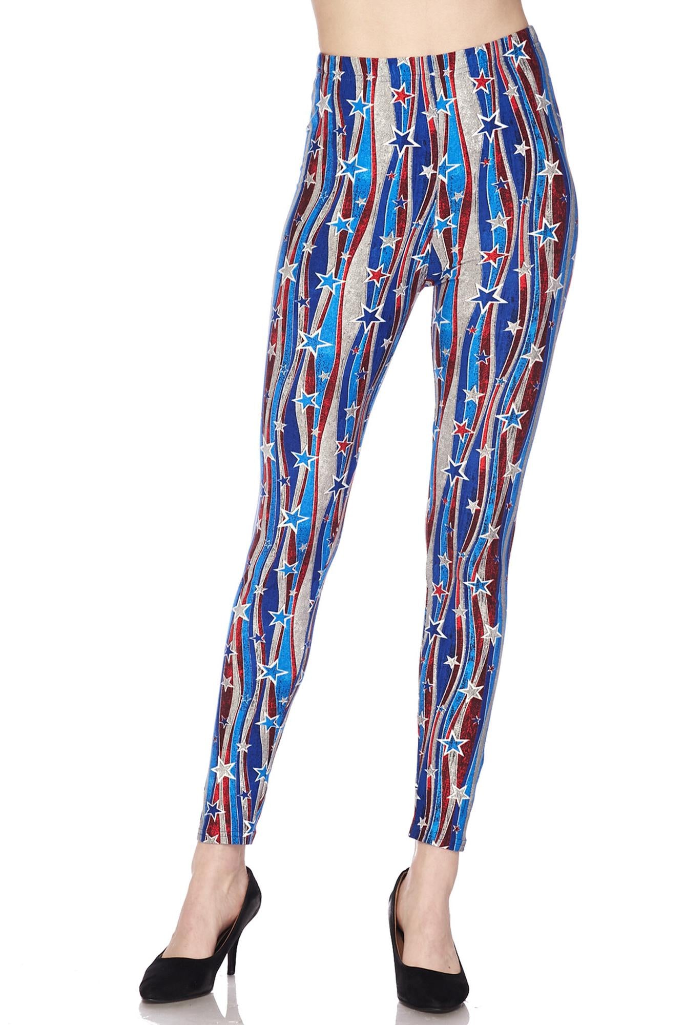 Buttery Soft Metallic USA Flag Leggings (One Size Regular,Blue)