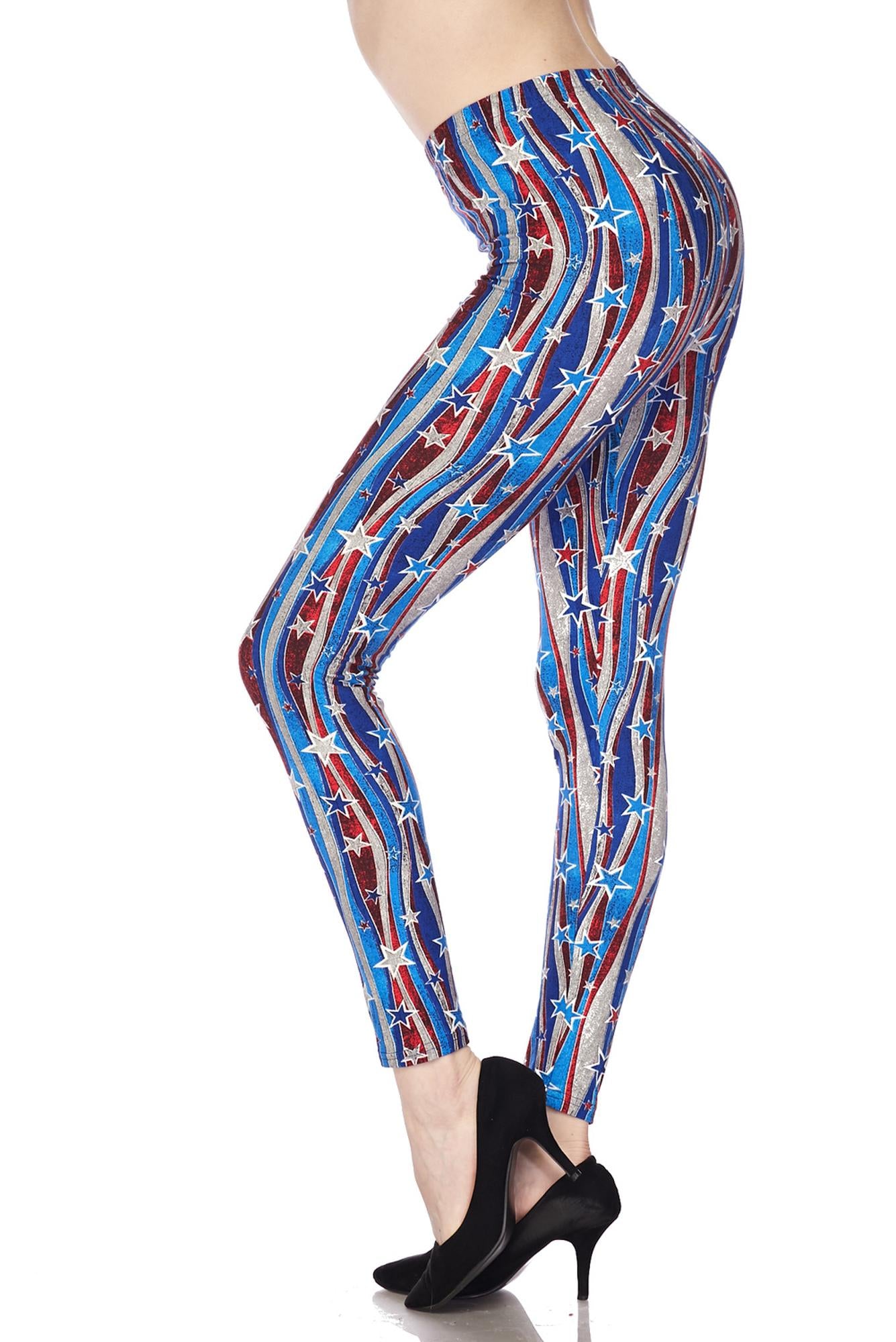 Buttery Soft Metallic USA Flag Leggings (One Size Regular,Blue)