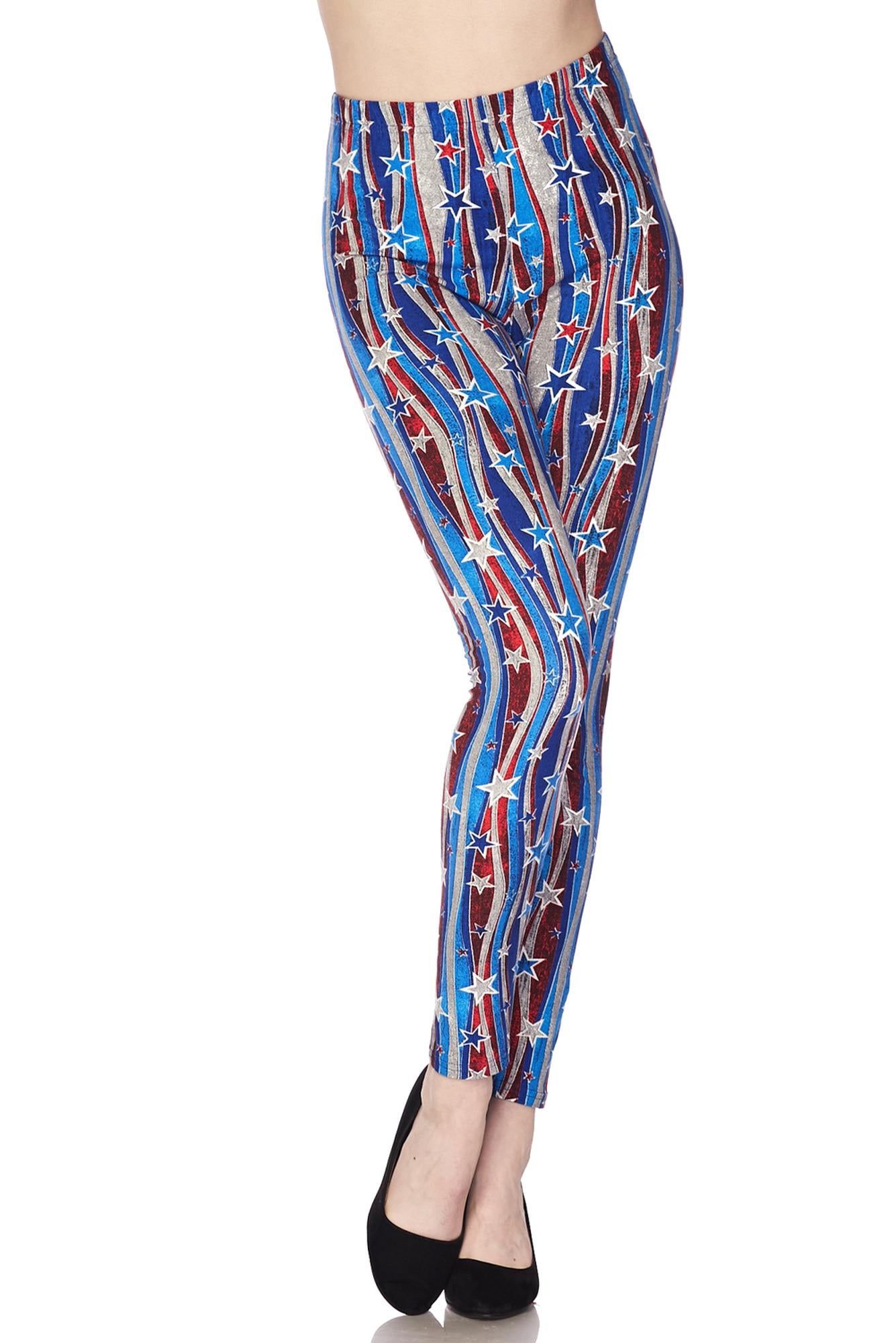Buttery Soft Metallic USA Flag Leggings (One Size Regular,Blue)