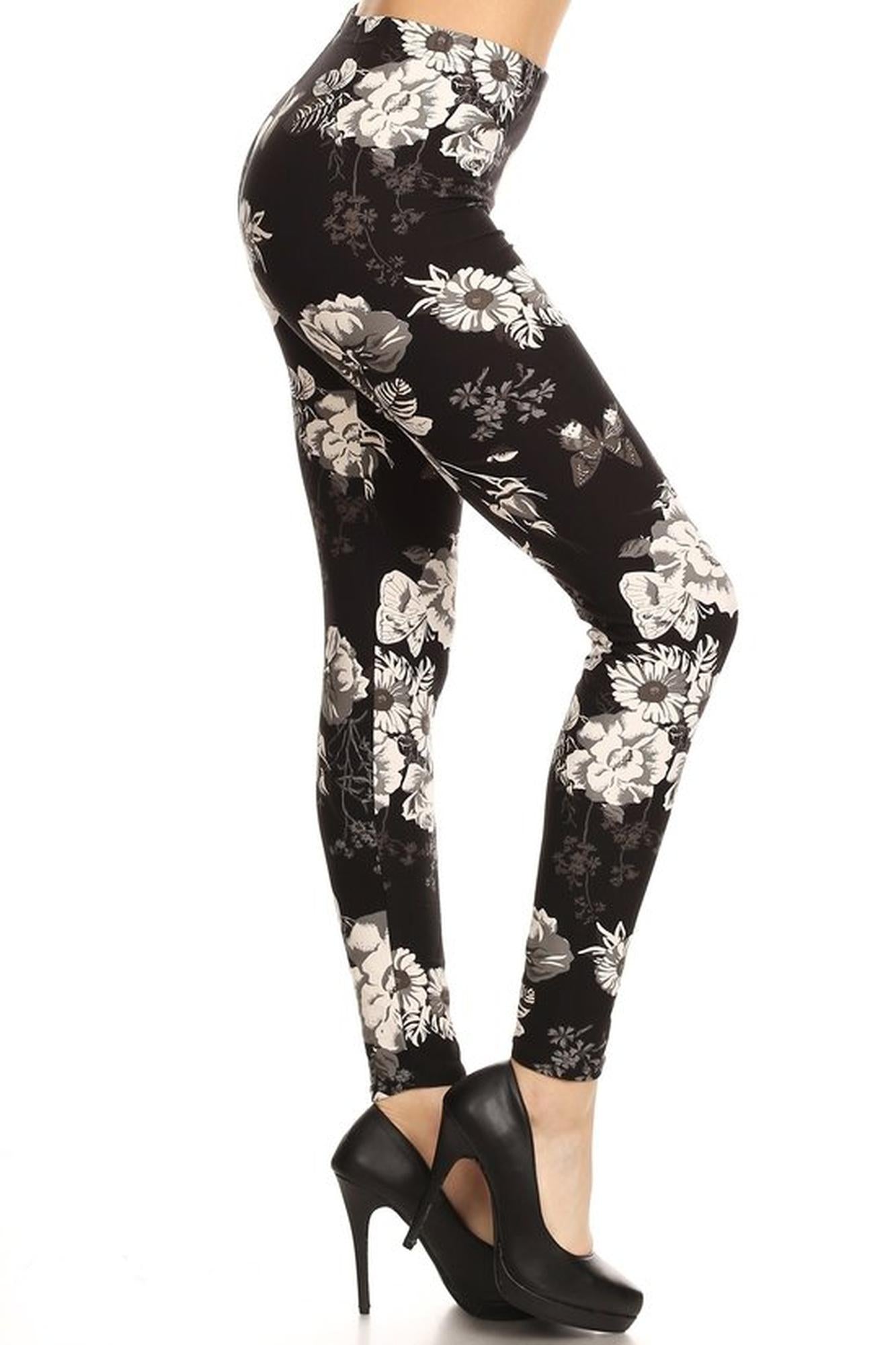 Buttery Monochrome Floral Terrace Leggings (One Size Regular,Black)
