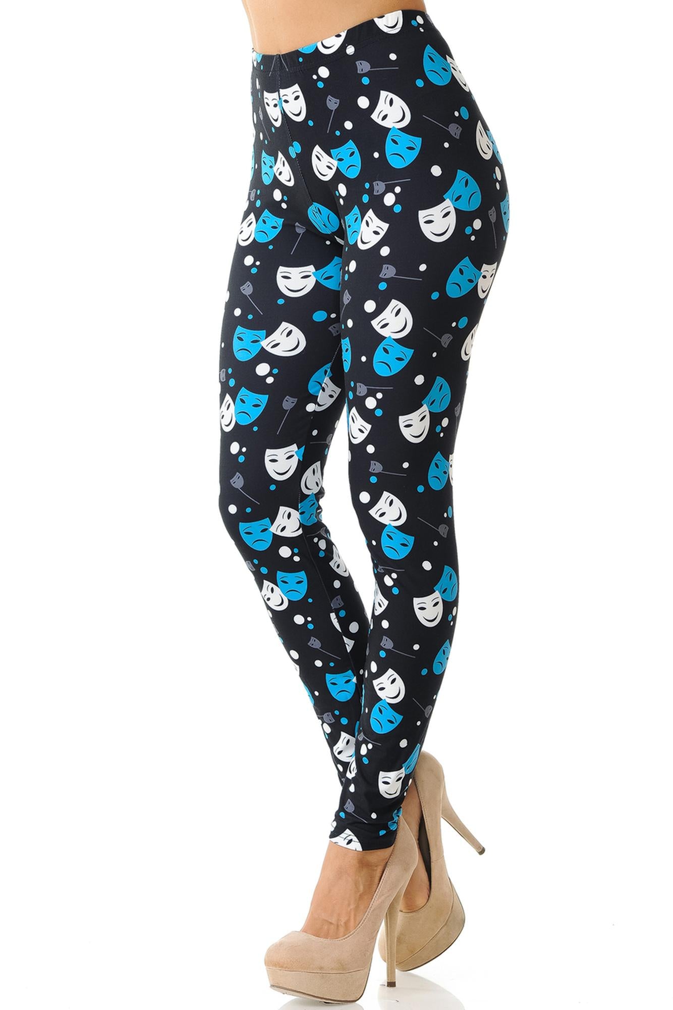 Creamy Soft Comedy Tragedy Mask Leggings (One Size Regular,Black)