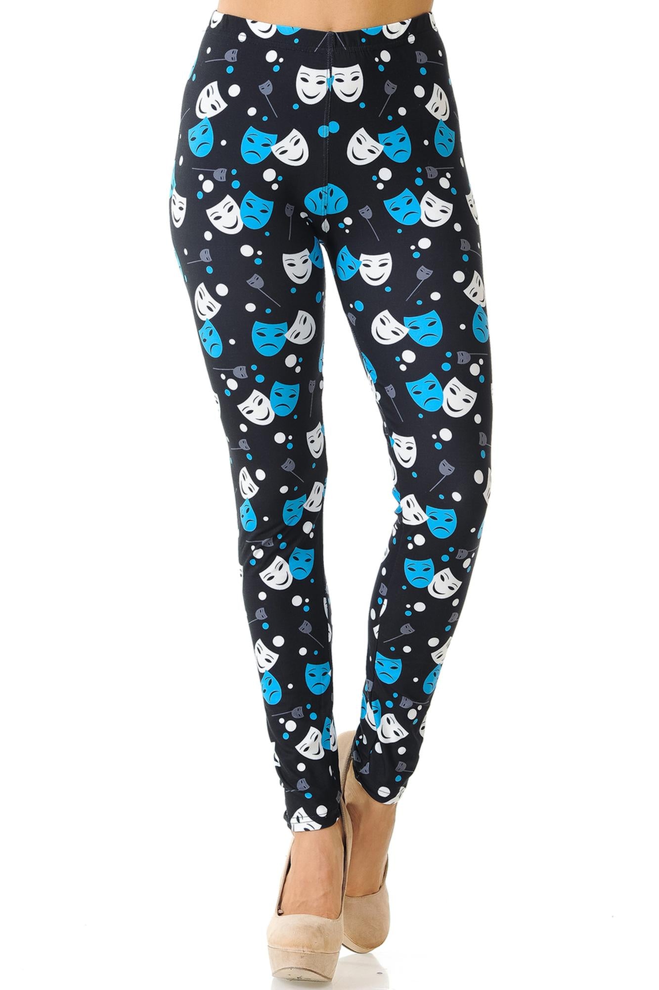 Creamy Soft Comedy Tragedy Mask Leggings (One Size Regular,Black)