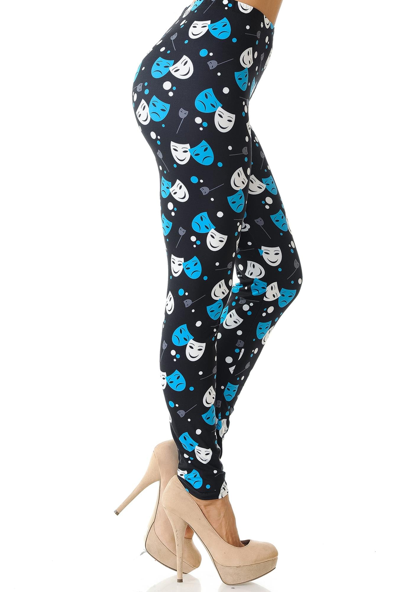 Creamy Soft Comedy Tragedy Mask Leggings (One Size Regular,Black)