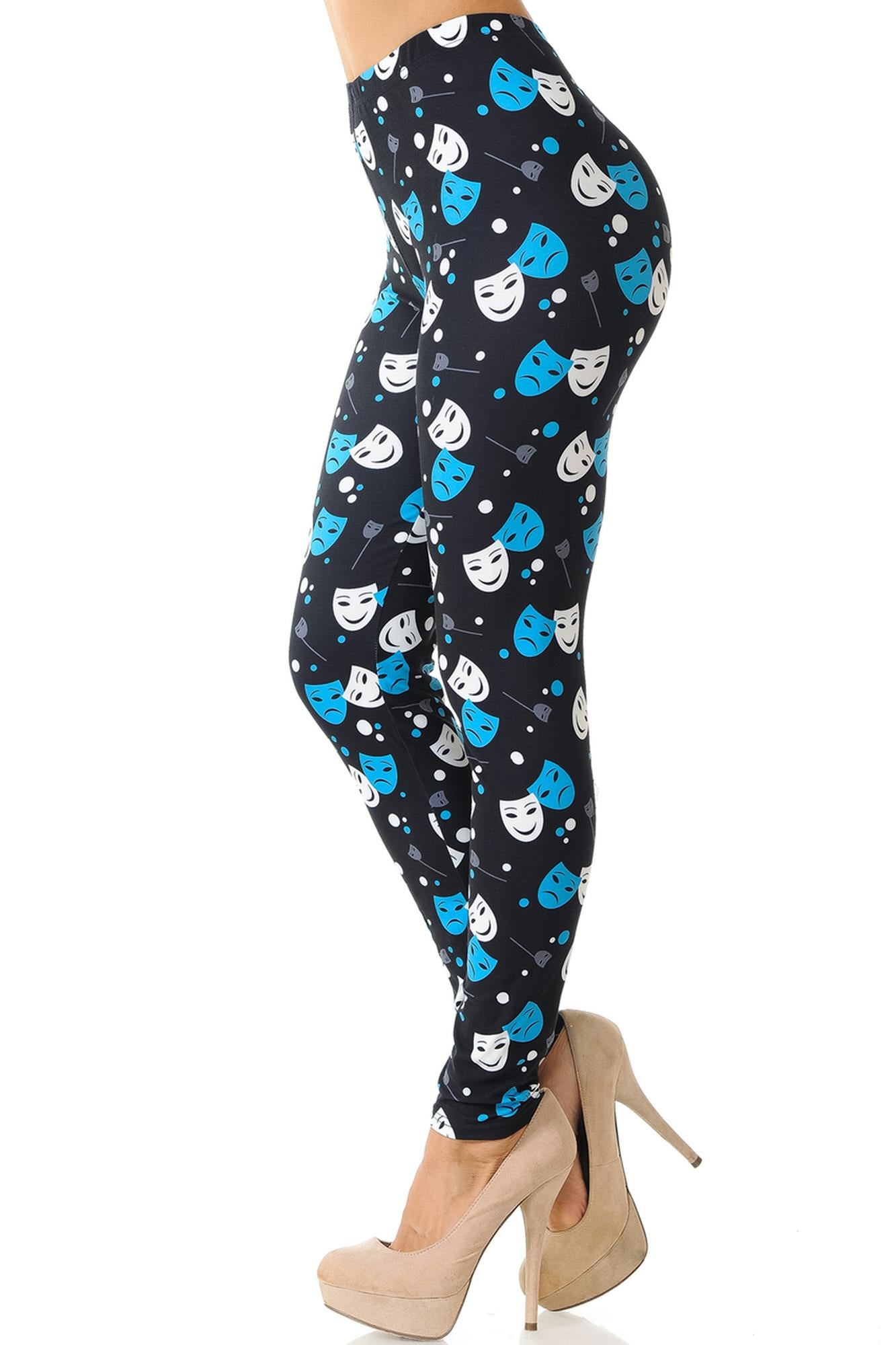 Creamy Soft Comedy Tragedy Mask Leggings (One Size Regular,Black)