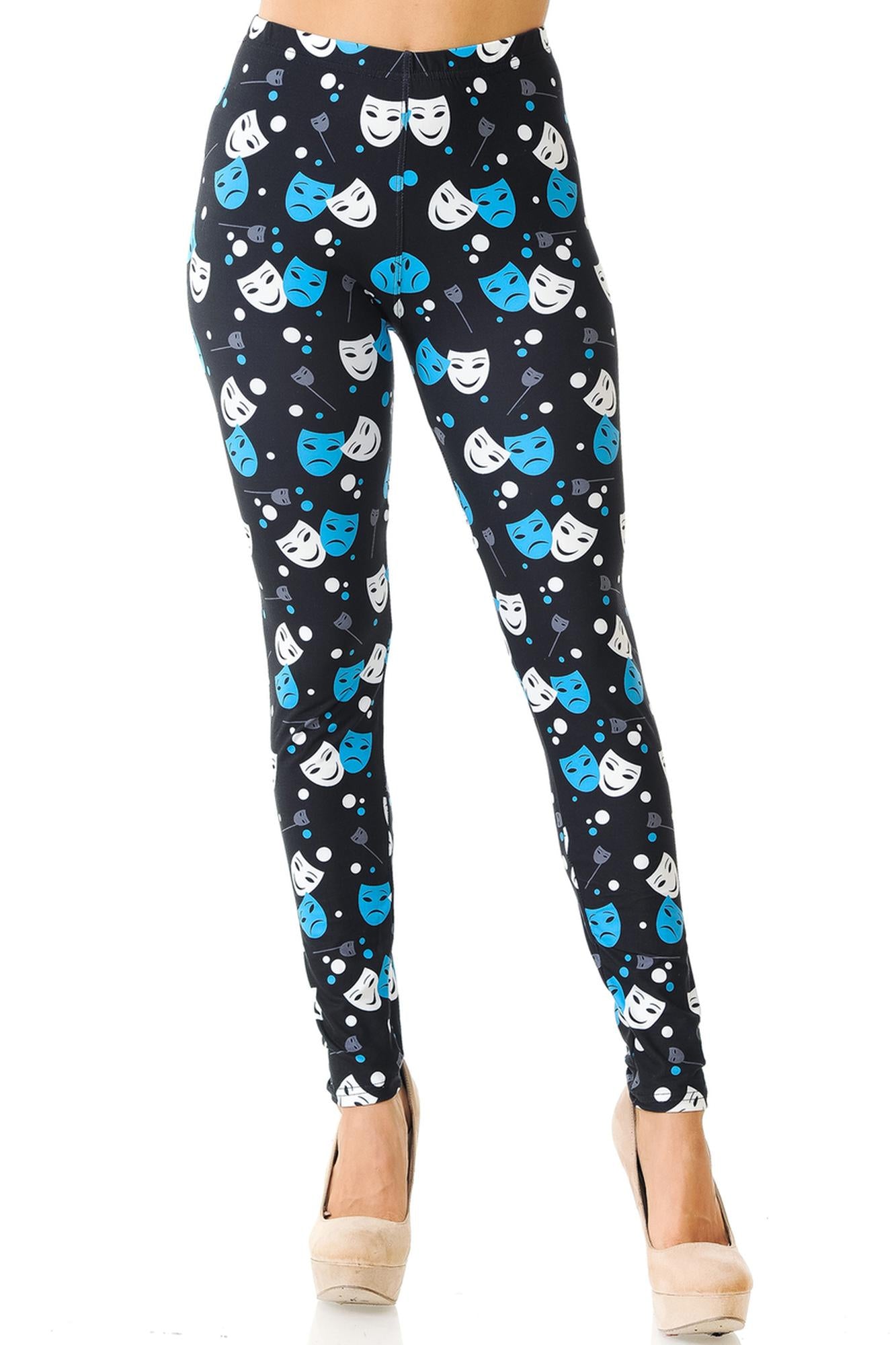 Creamy Soft Comedy Tragedy Mask Leggings (One Size Regular,Black)