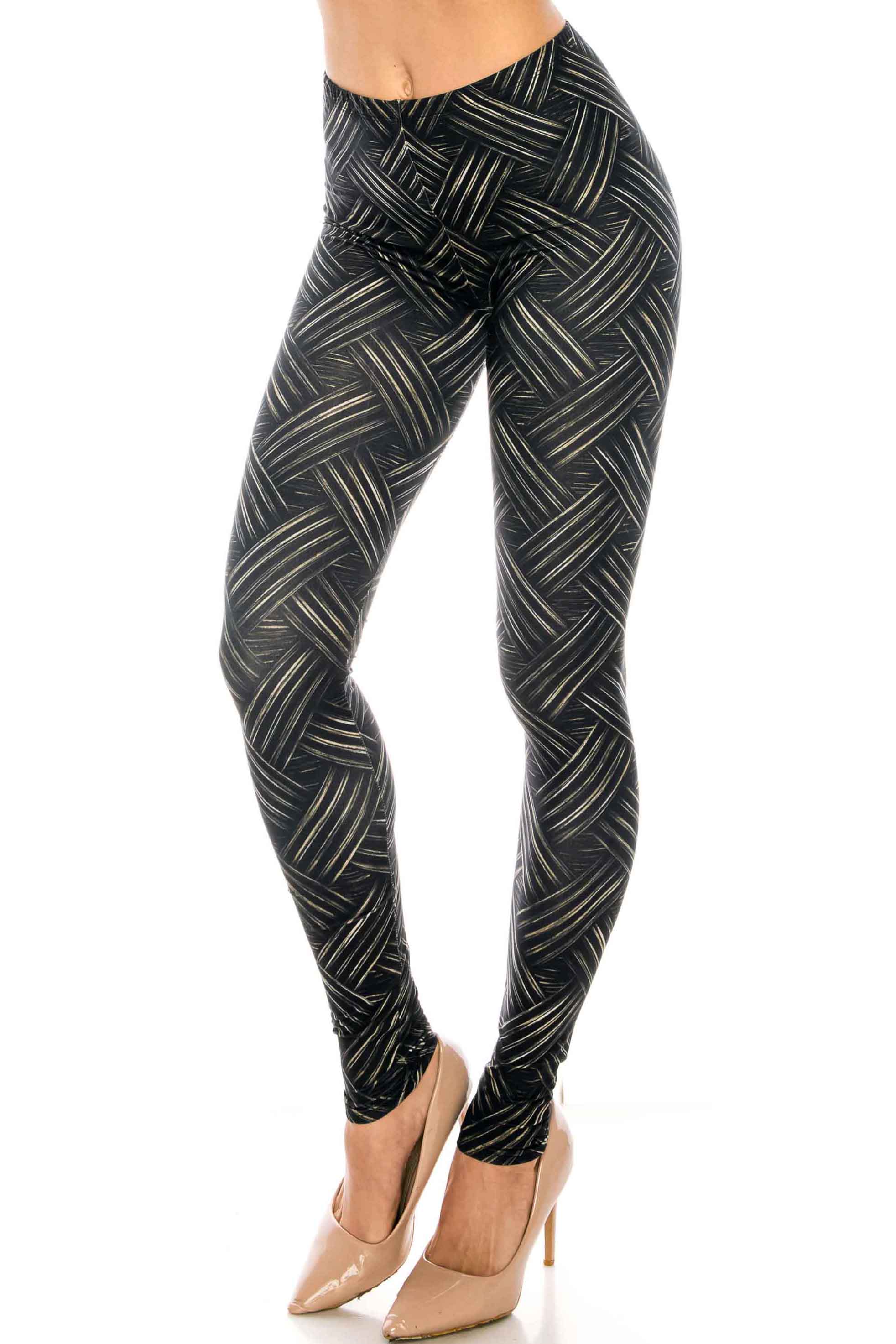 Creamy Soft Bronzed Banded Crisscross Leggings - Signature Collection (One Size Regular,Black)
