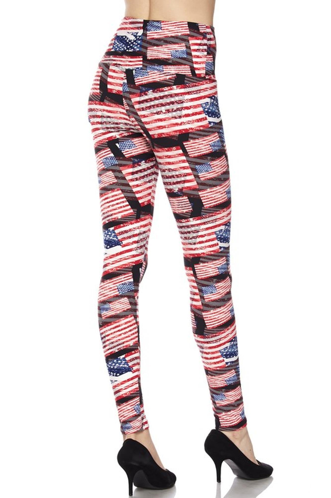 Buttery Soft High Waisted 3D Hologram USA Flag Leggings (One Size Regular,Red)