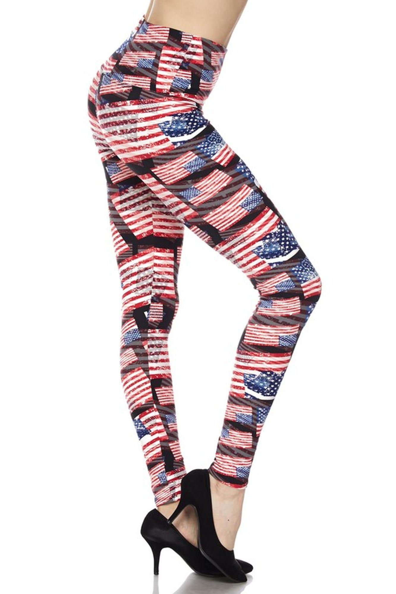 Buttery Soft High Waisted 3D Hologram USA Flag Leggings (One Size Regular,Red)