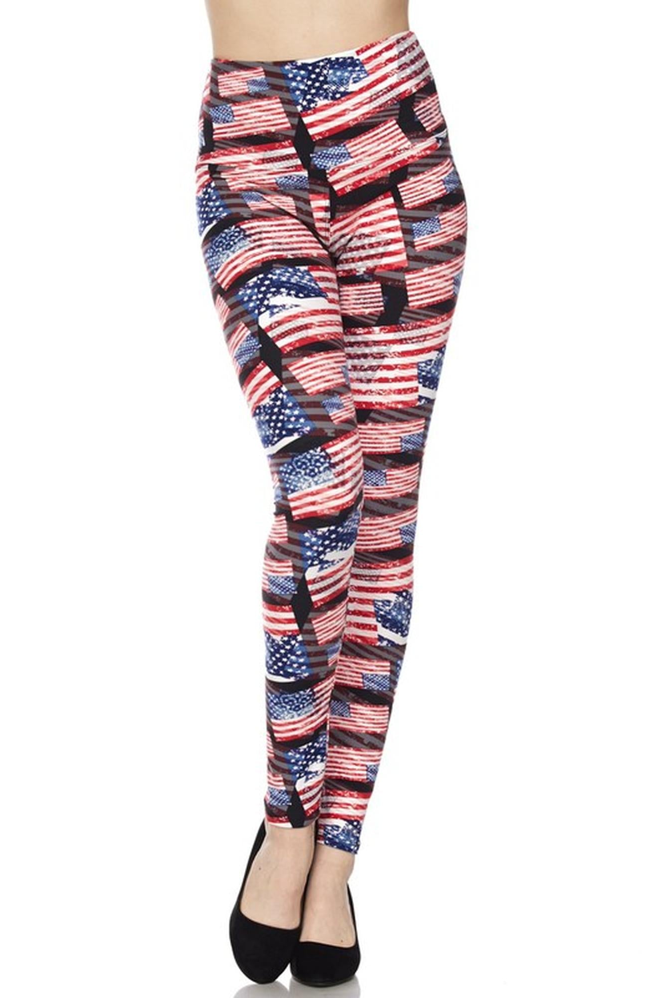 Buttery Soft High Waisted 3D Hologram USA Flag Leggings (One Size Regular,Red)