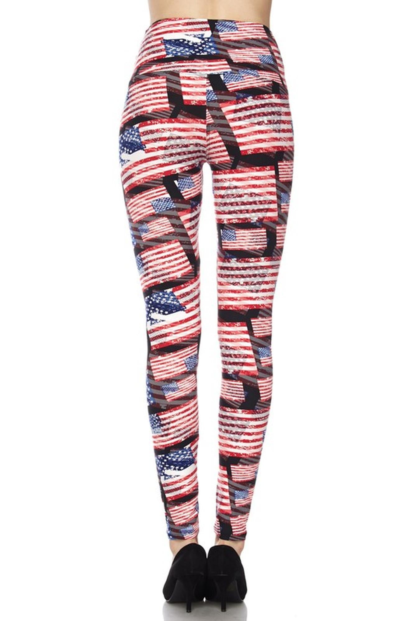Buttery Soft High Waisted 3D Hologram USA Flag Leggings (One Size Regular,Red)