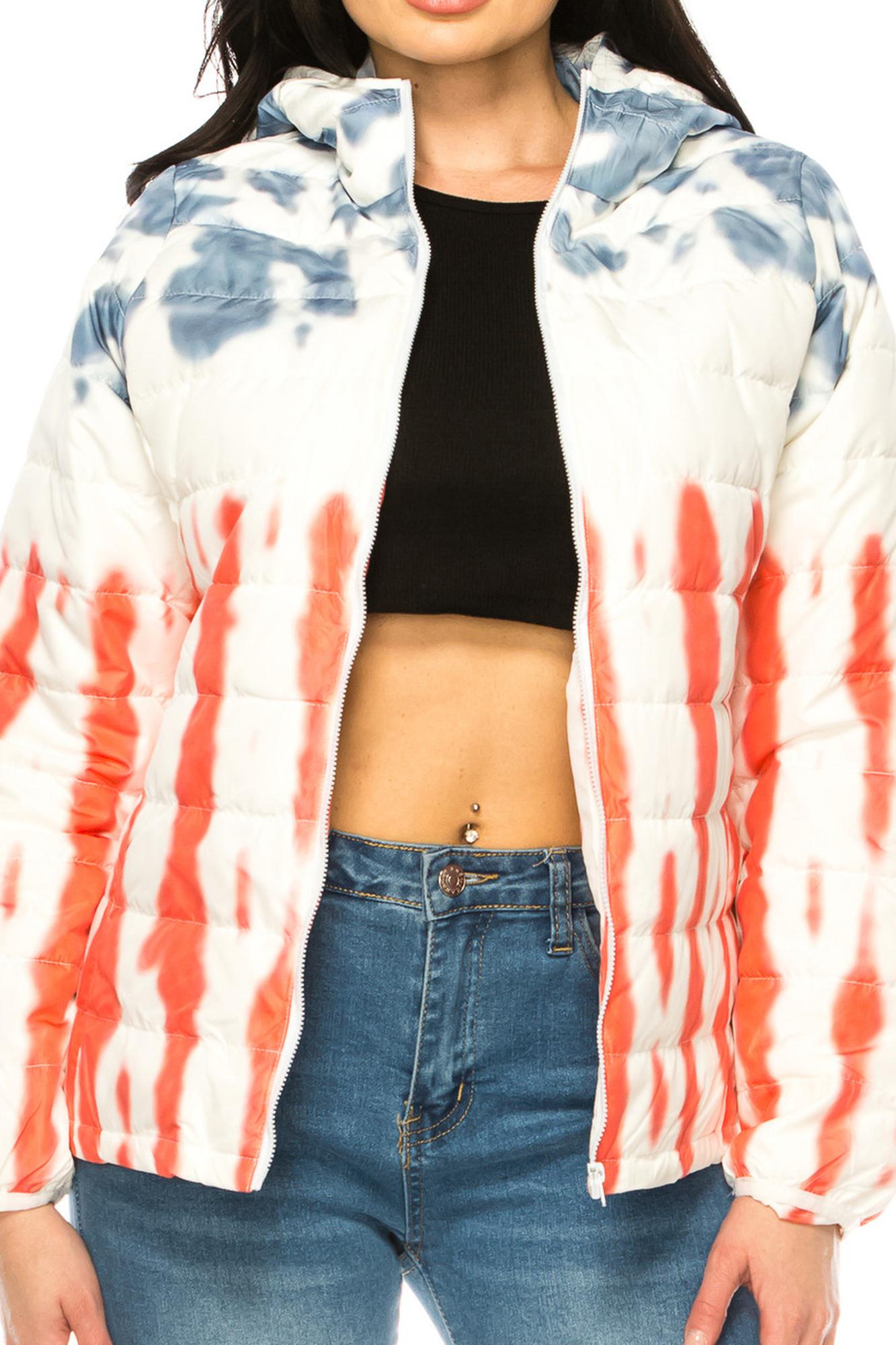 Women's Red White & Blue Daub Winter Puffer Down Jacket (One Size Regular,Red)