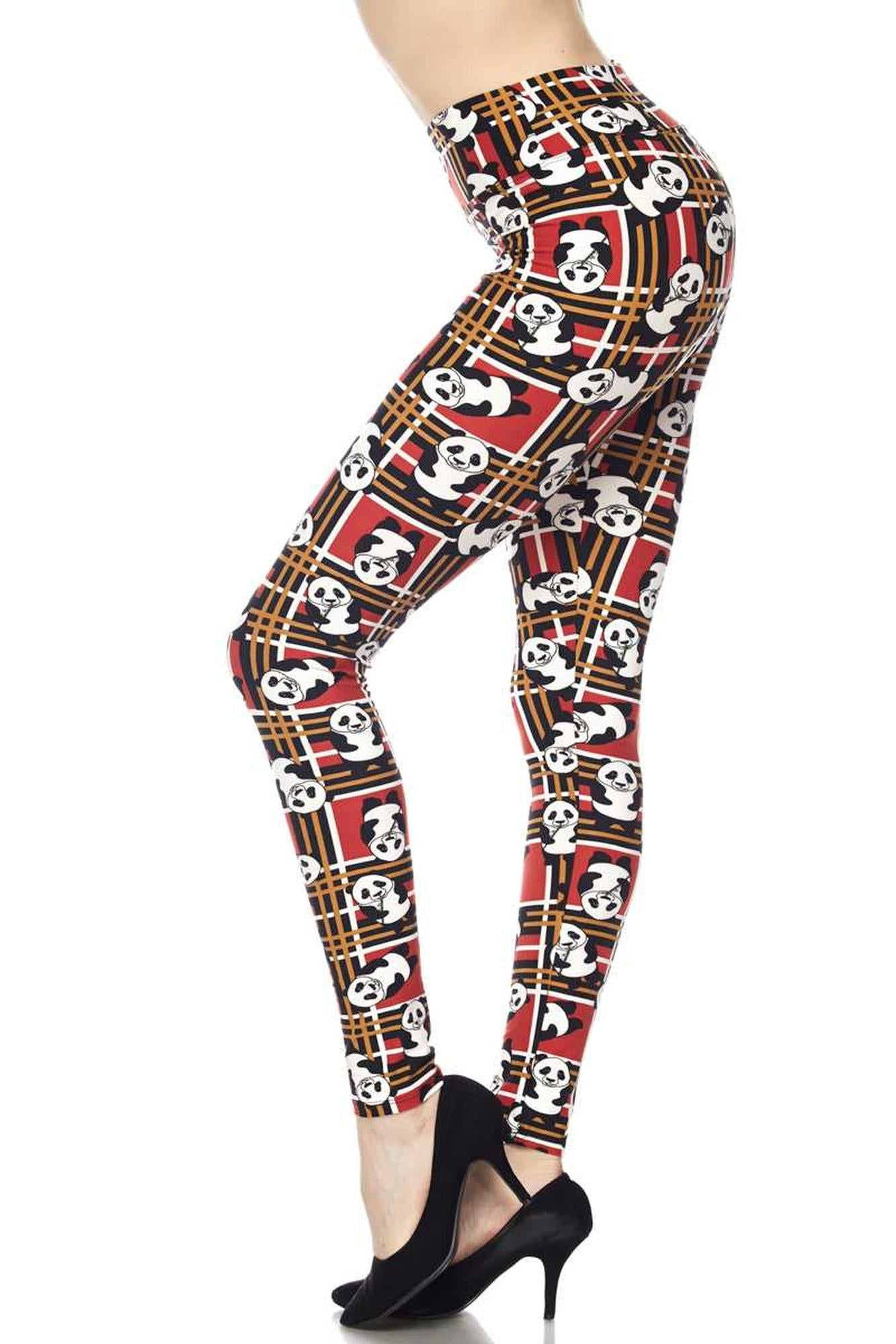 Buttery Soft Plaid Panda High Waisted Leggings (One Size Regular,Red)