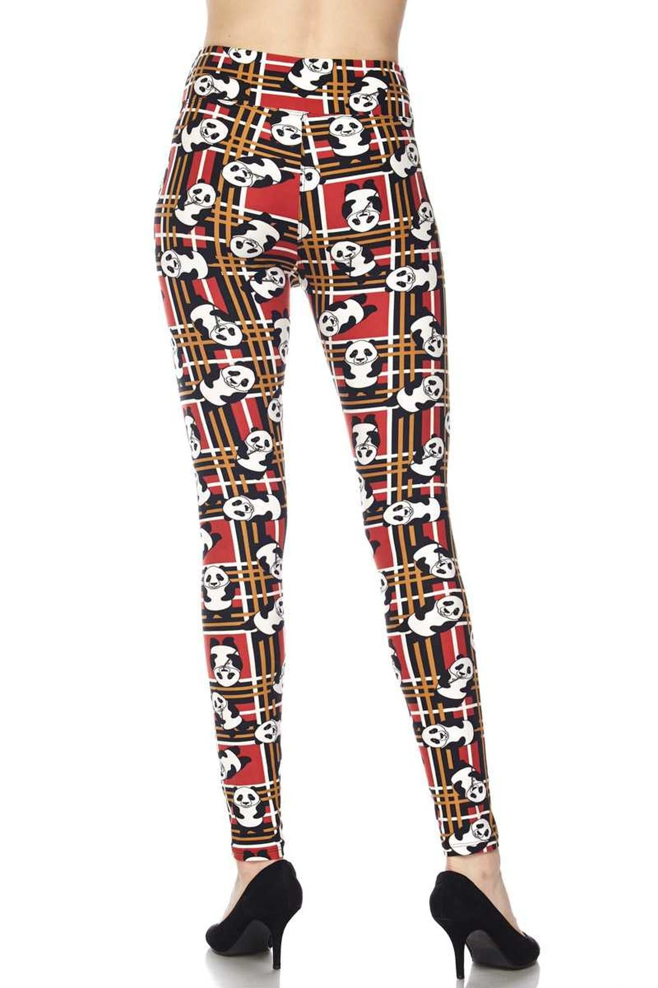 Buttery Soft Plaid Panda High Waisted Leggings (One Size Regular,Red)