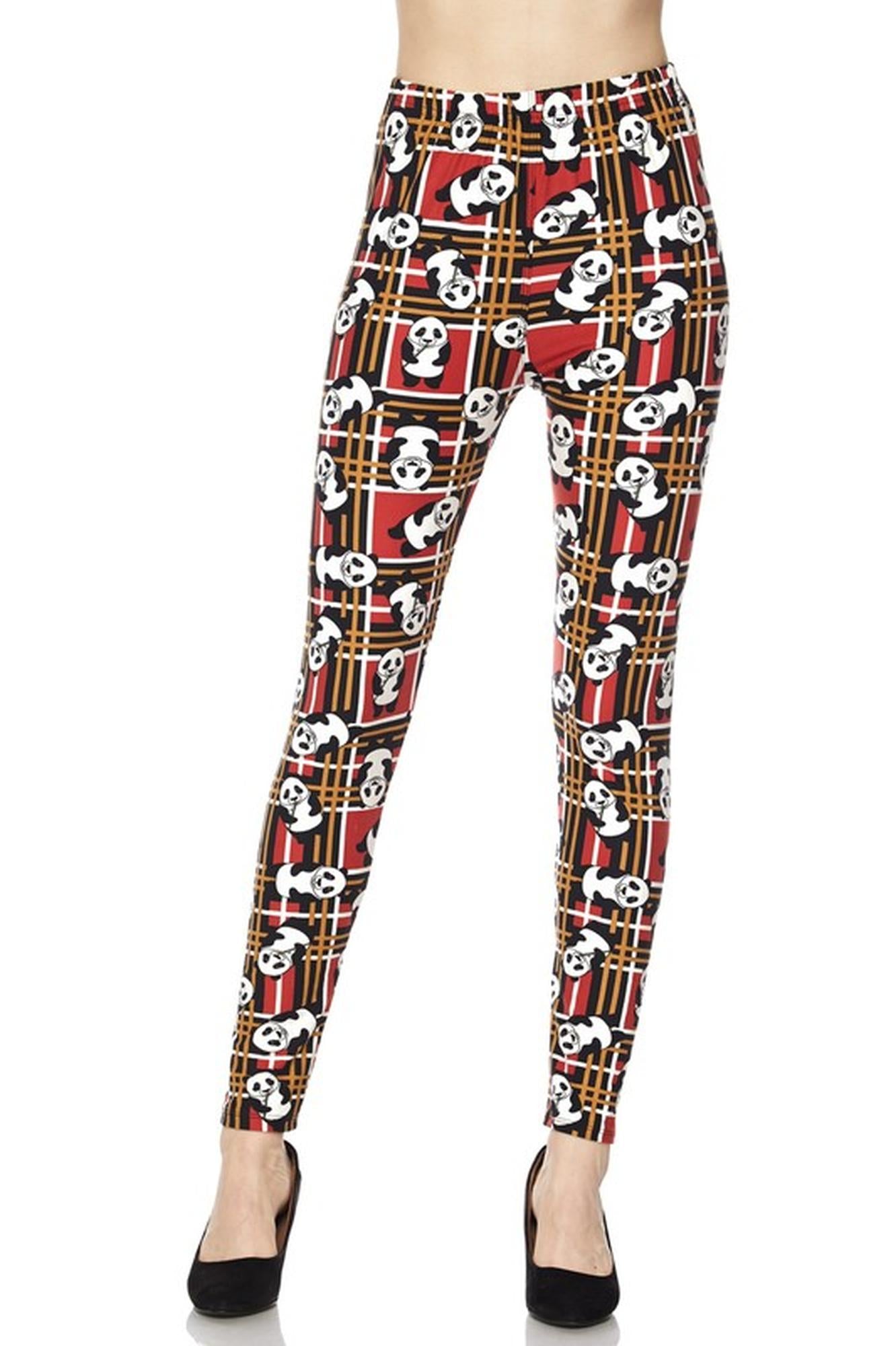 Buttery Soft Plaid Panda High Waisted Leggings (One Size Regular,Red)