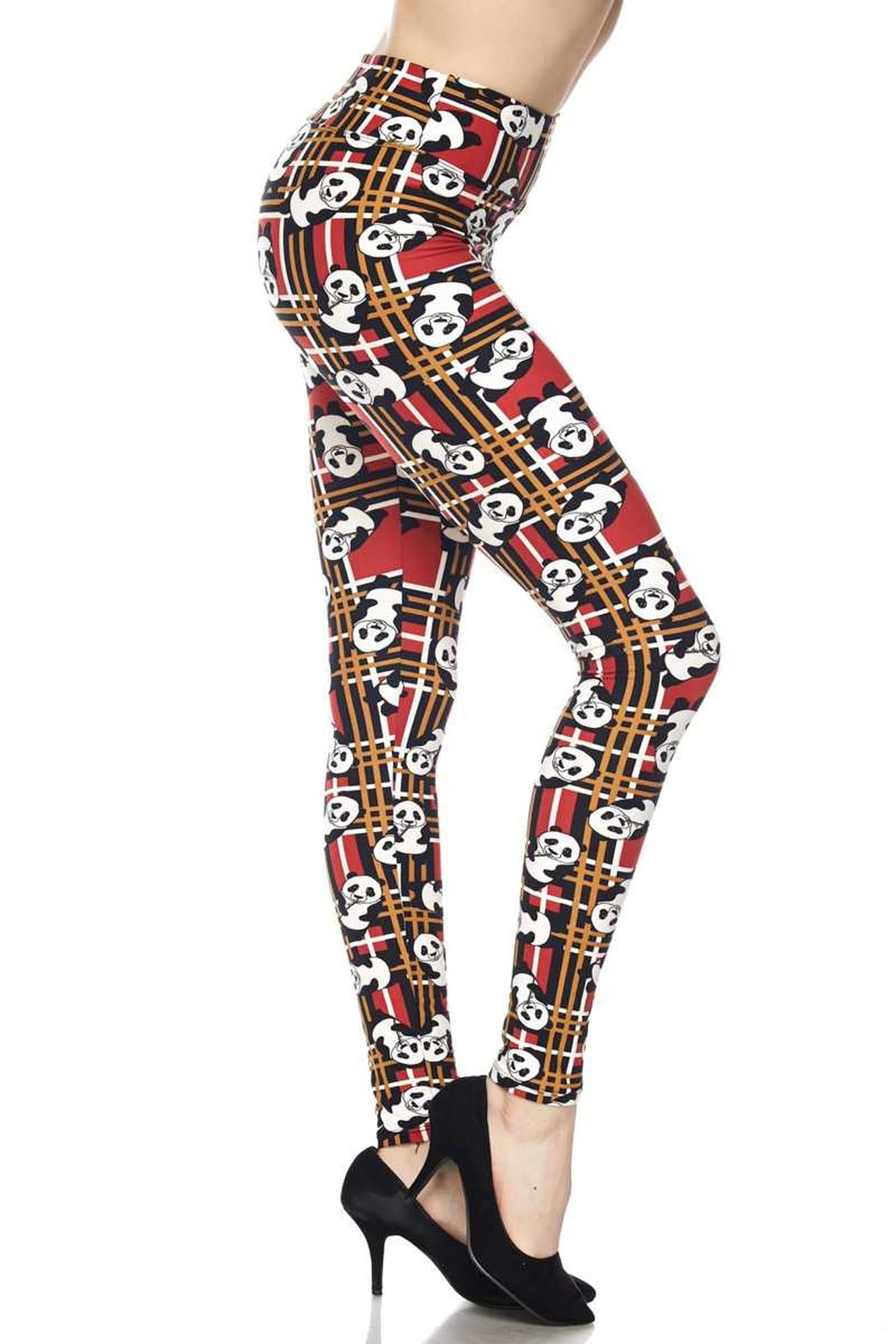 Buttery Soft Plaid Panda High Waisted Leggings (One Size Regular,Red)