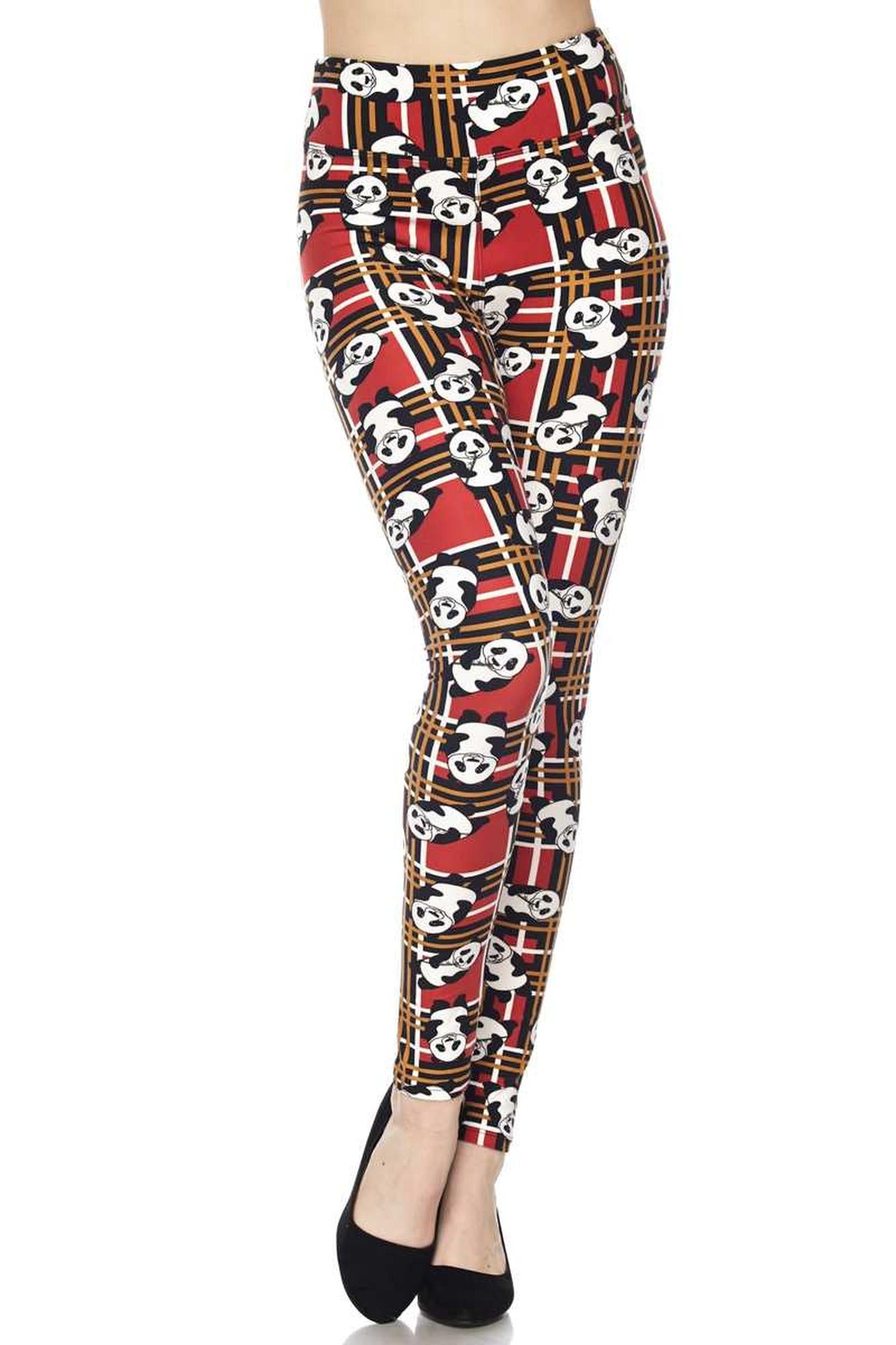 Buttery Soft Plaid Panda High Waisted Leggings (One Size Regular,Red)