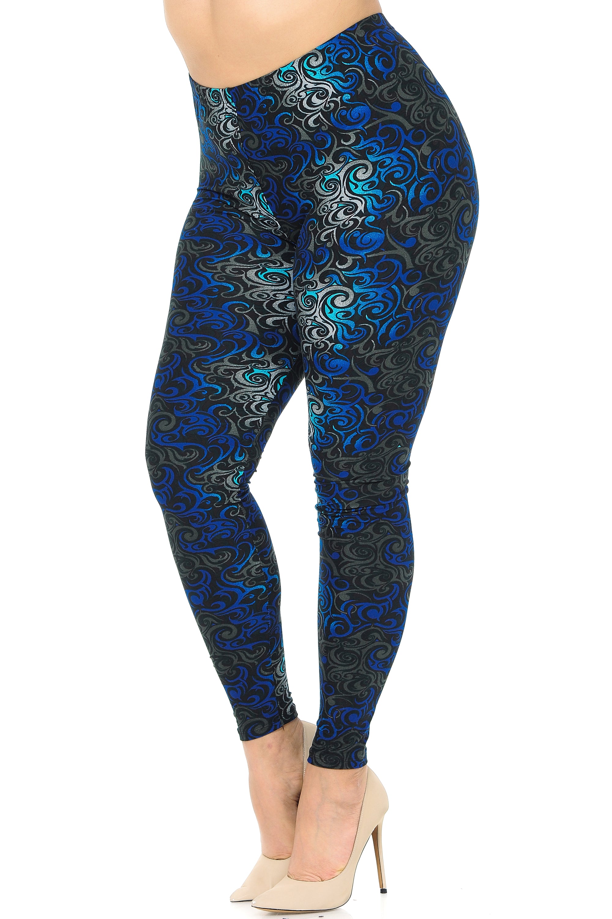 Buttery Soft Blue Tangled Swirl High Waisted Plus Size Leggings (One Size Plus,Blue)
