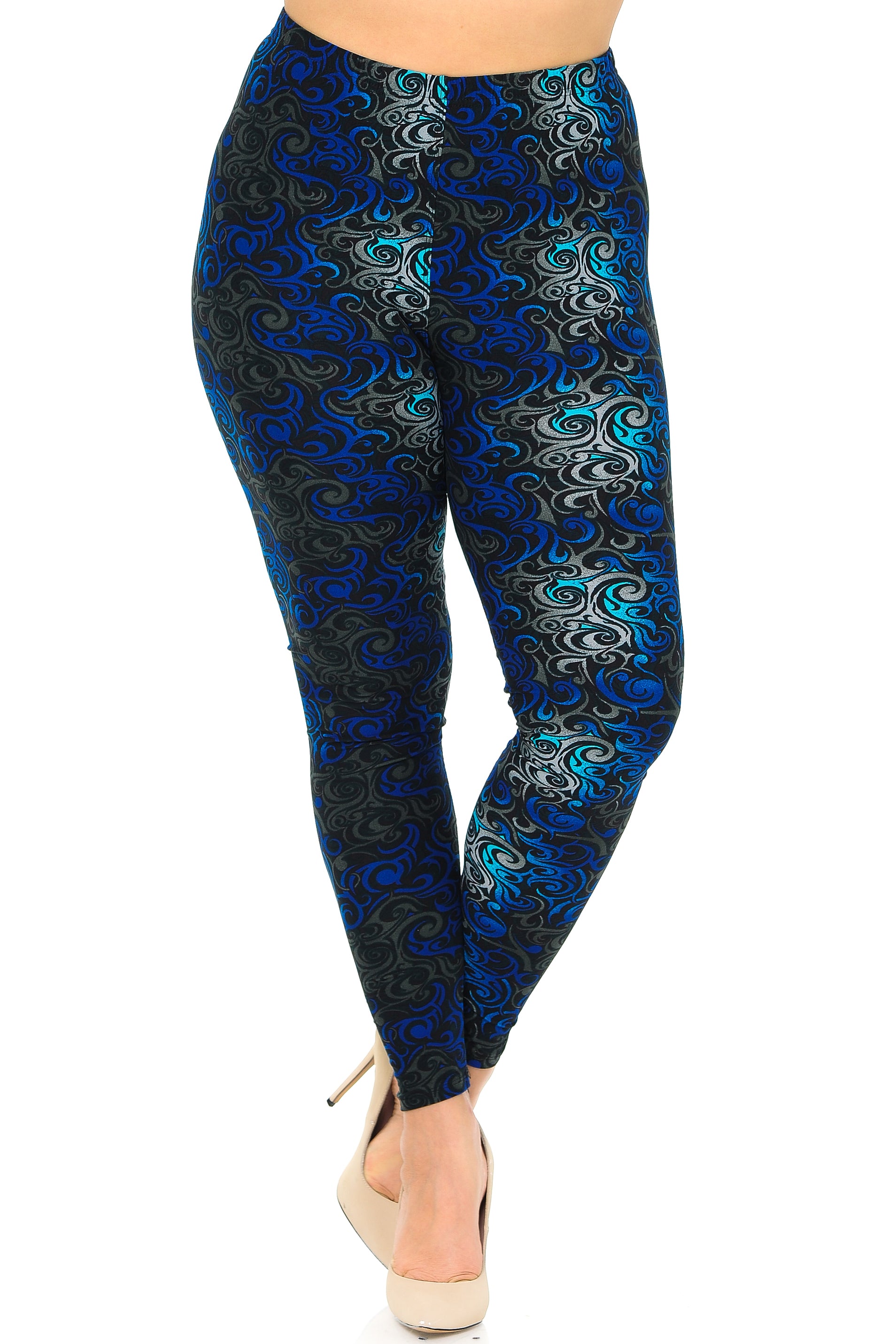 Buttery Soft Blue Tangled Swirl High Waisted Plus Size Leggings (One Size Plus,Blue)