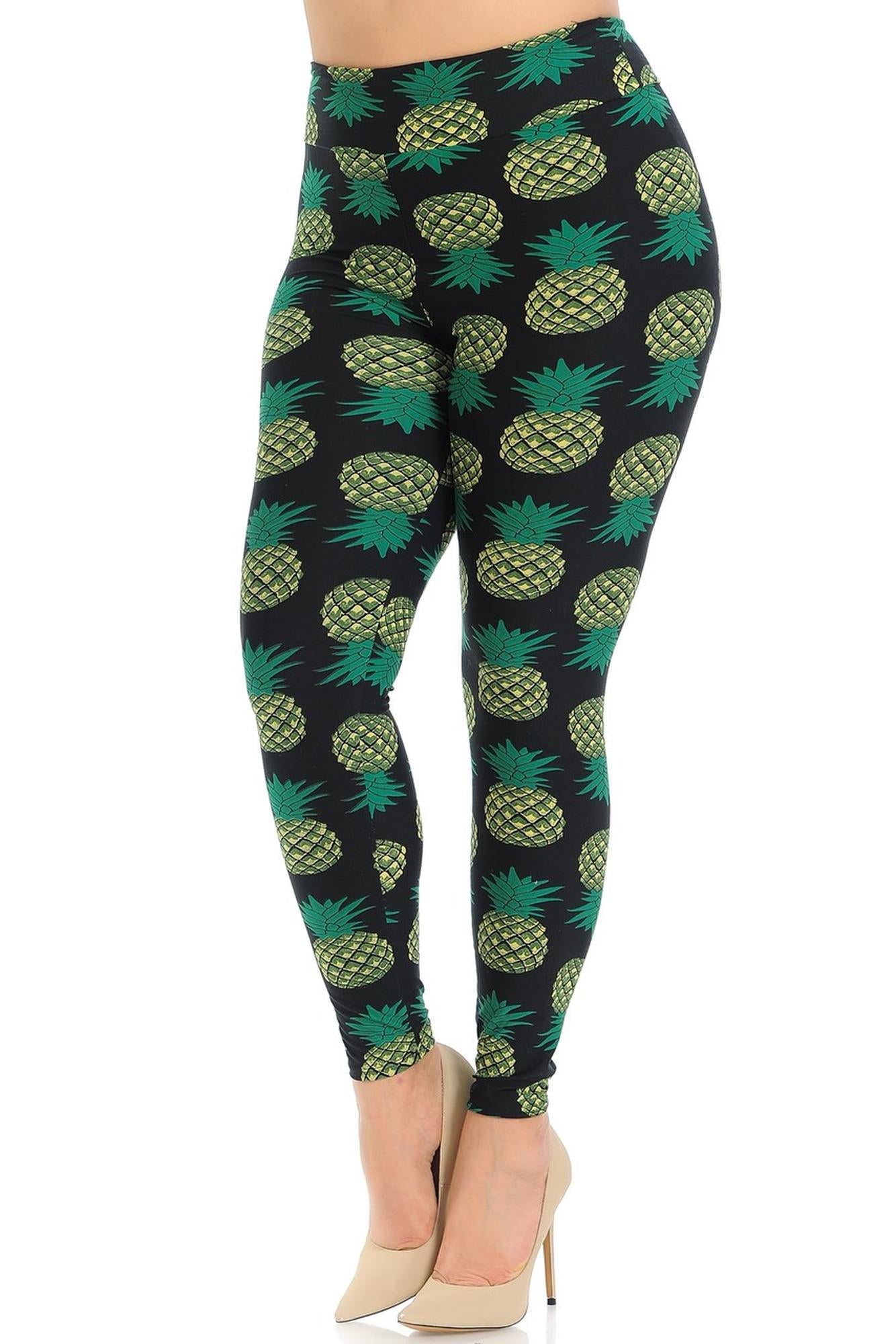 Buttery Soft Green Pineapple High Waisted Plus Size Leggings - EEVEE (One Size Plus,Green)