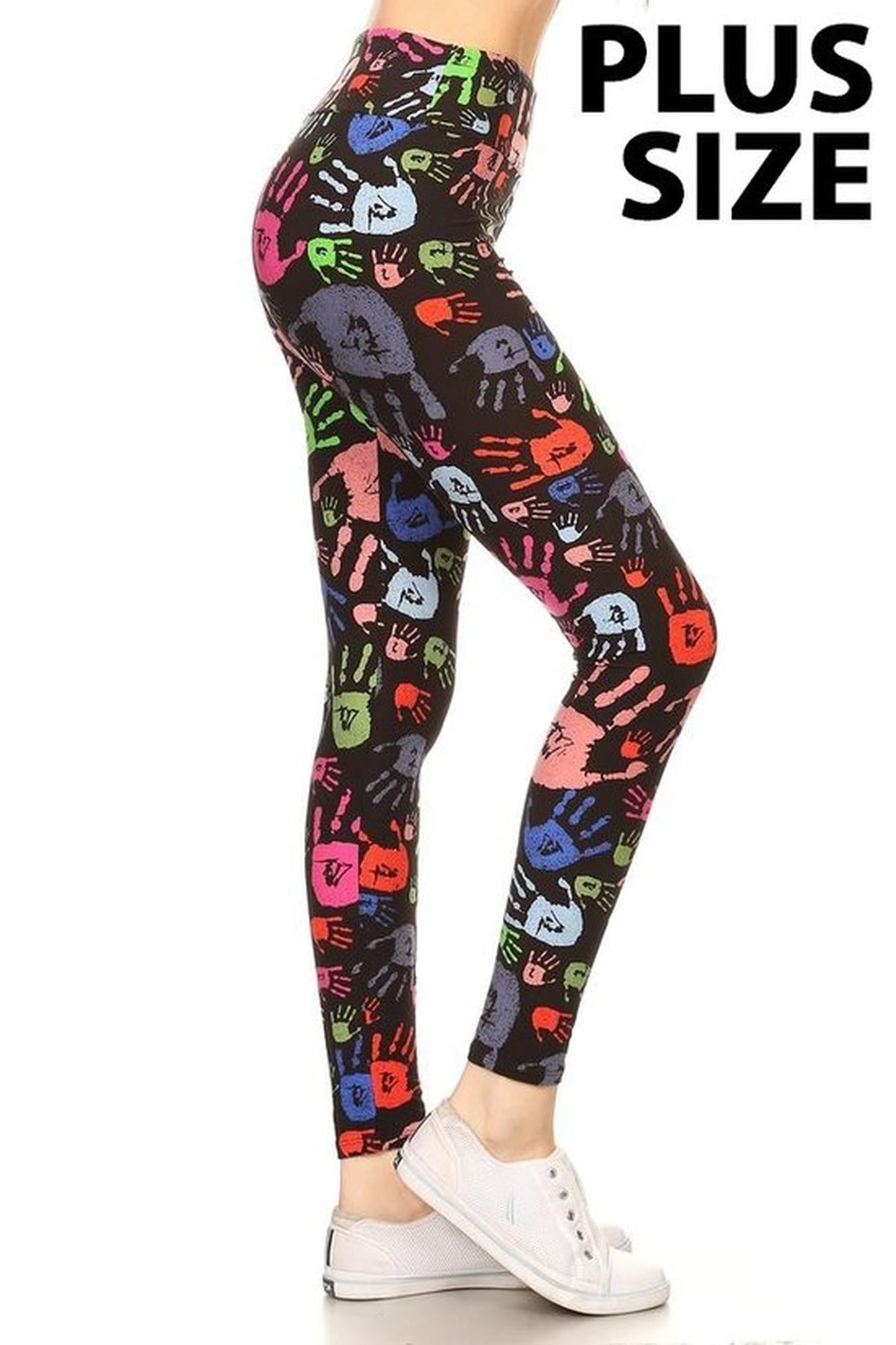 Buttery Soft Colorful Hand Print High Waist Plus Size Leggings (One Size Plus,Black)