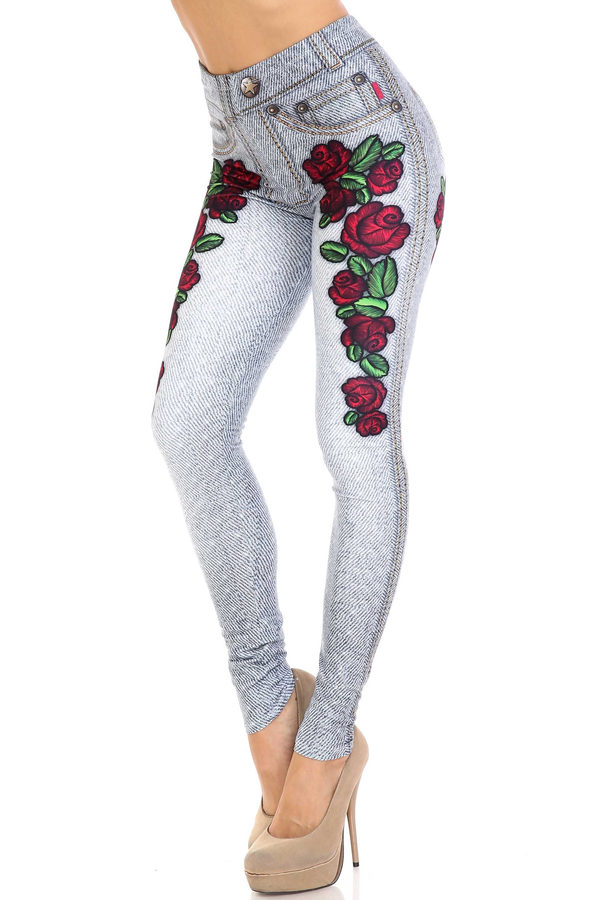 Creamy Soft Light Blue Denim Rose Leggings | By USA Fashion (One Size Regular,Blue)