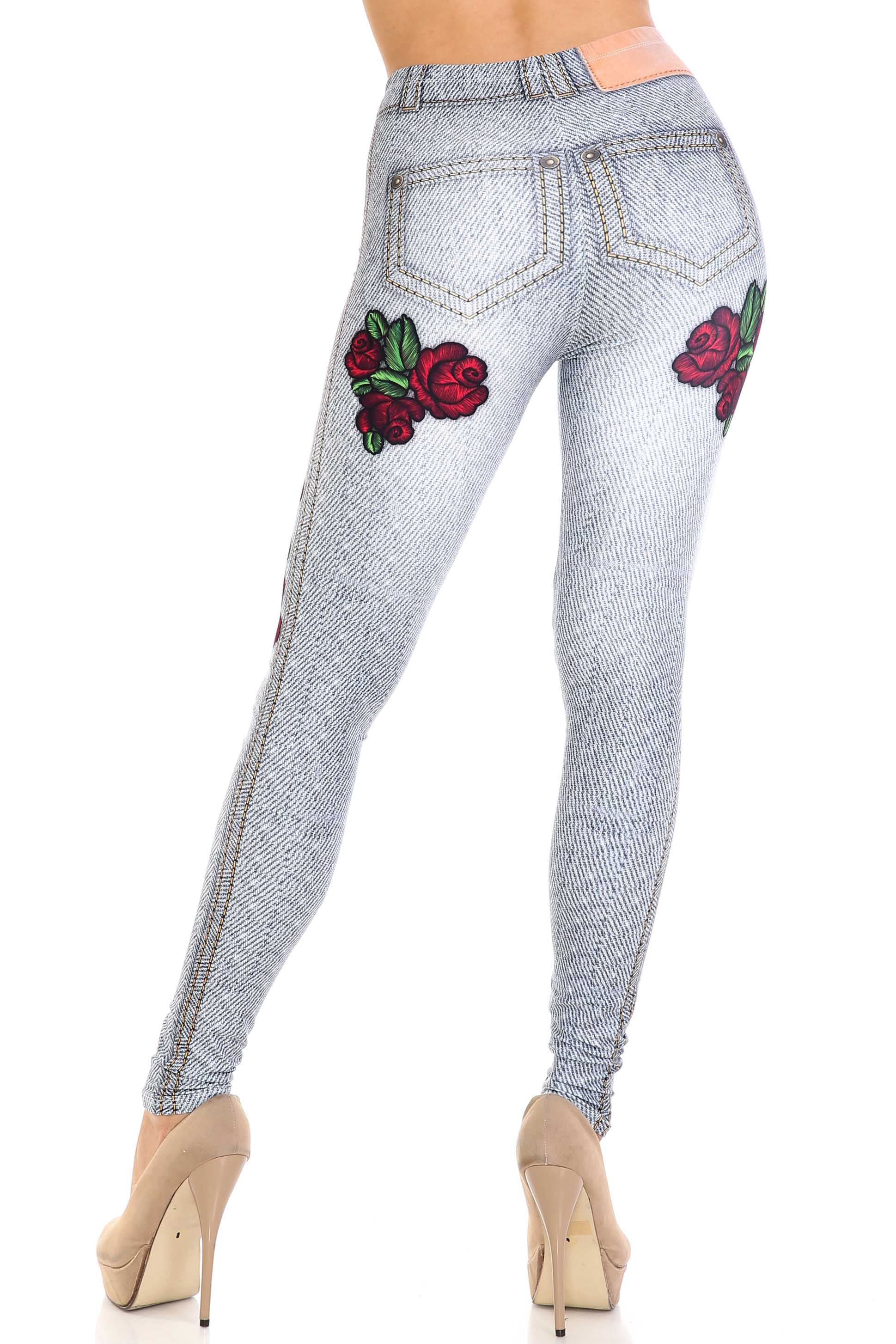 Creamy Soft Light Blue Denim Rose Leggings | By USA Fashion (One Size Regular,Blue)