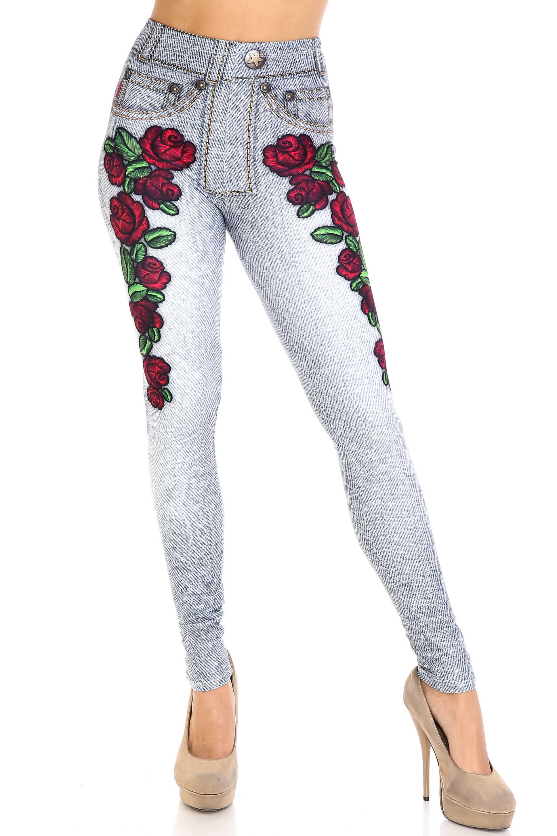 Creamy Soft Light Blue Denim Rose Leggings | By USA Fashion (One Size Regular,Blue)