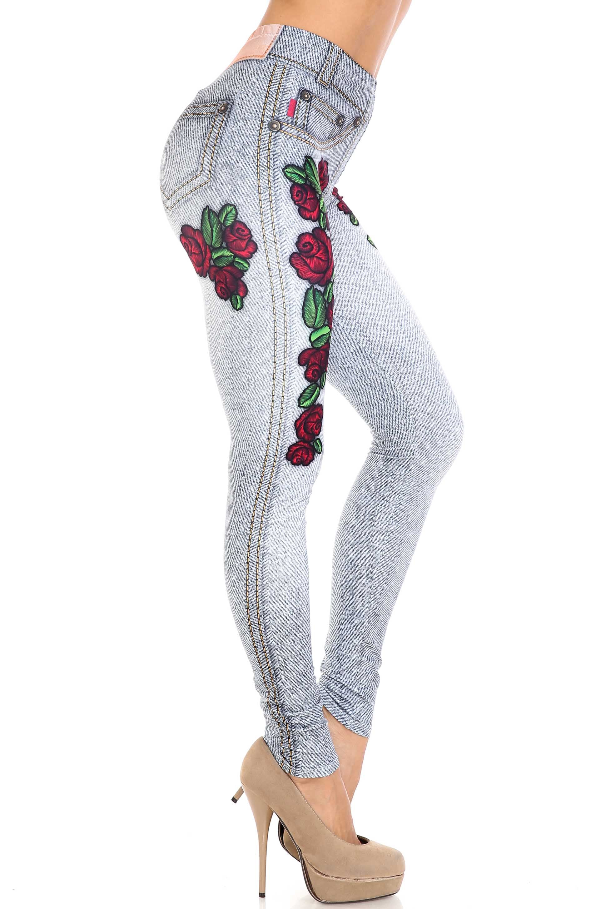 Creamy Soft Light Blue Denim Rose Leggings | By USA Fashion (One Size Regular,Blue)