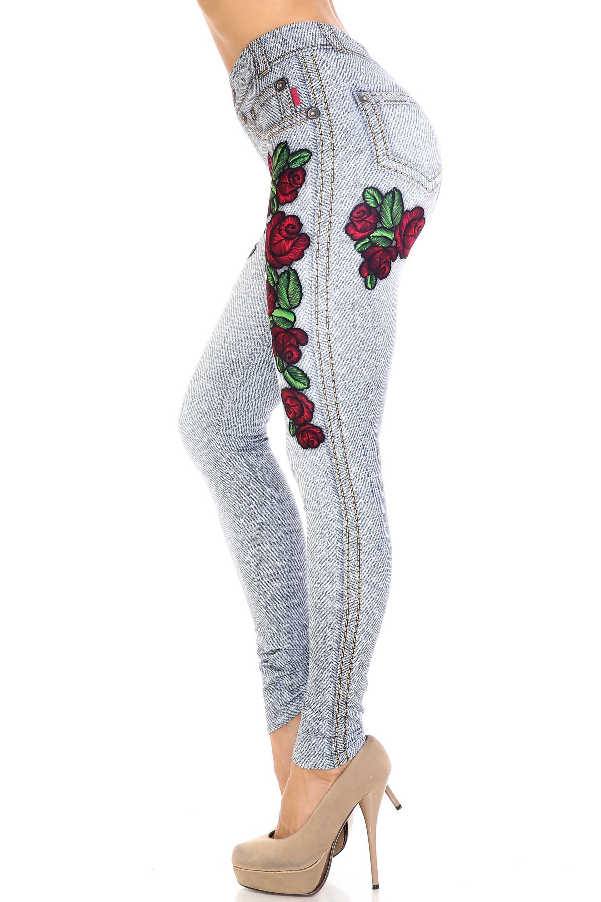 Creamy Soft Light Blue Denim Rose Leggings | By USA Fashion (One Size Regular,Blue)