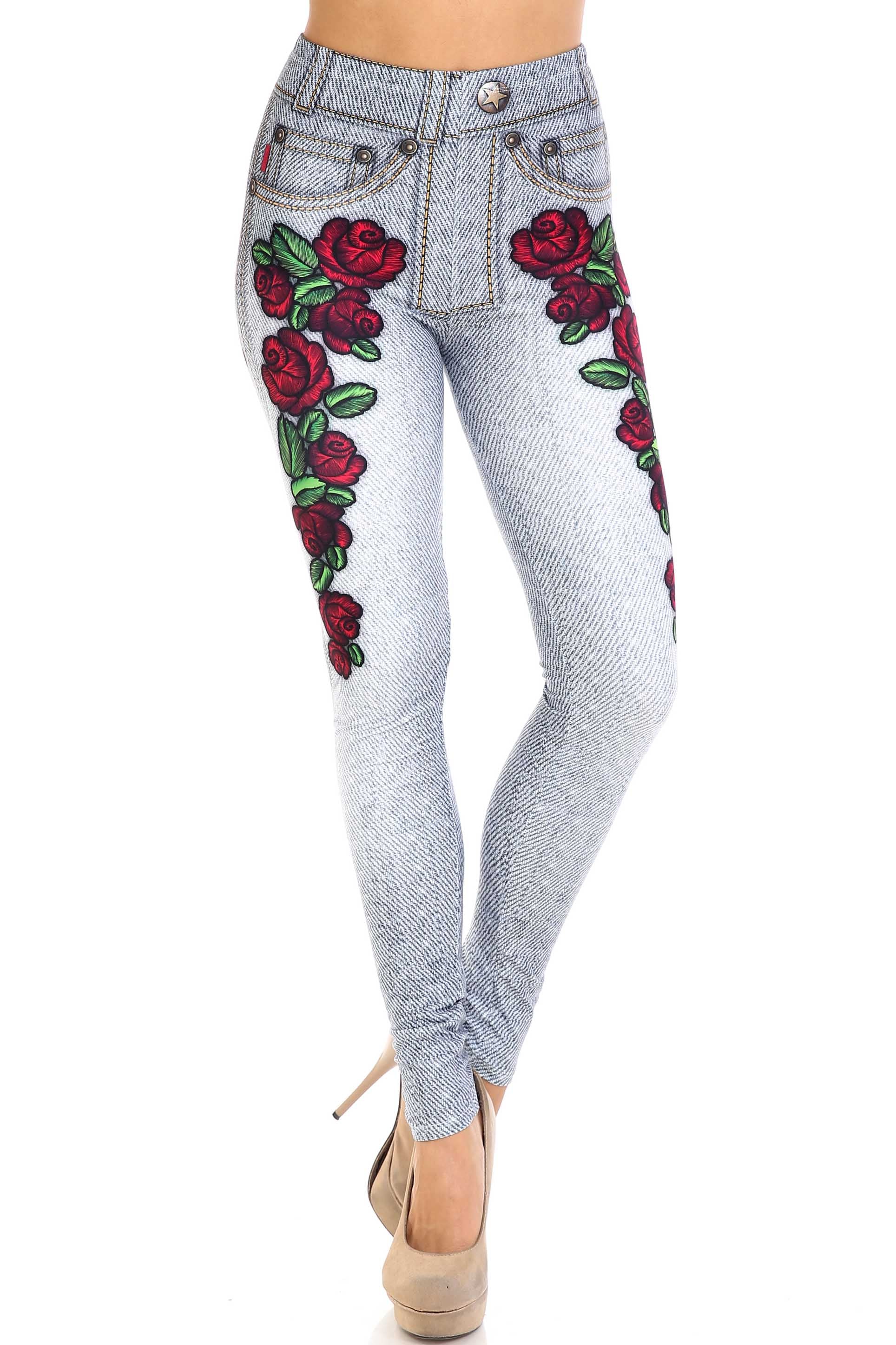 Creamy Soft Light Blue Denim Rose Leggings | By USA Fashion (One Size Regular,Blue)