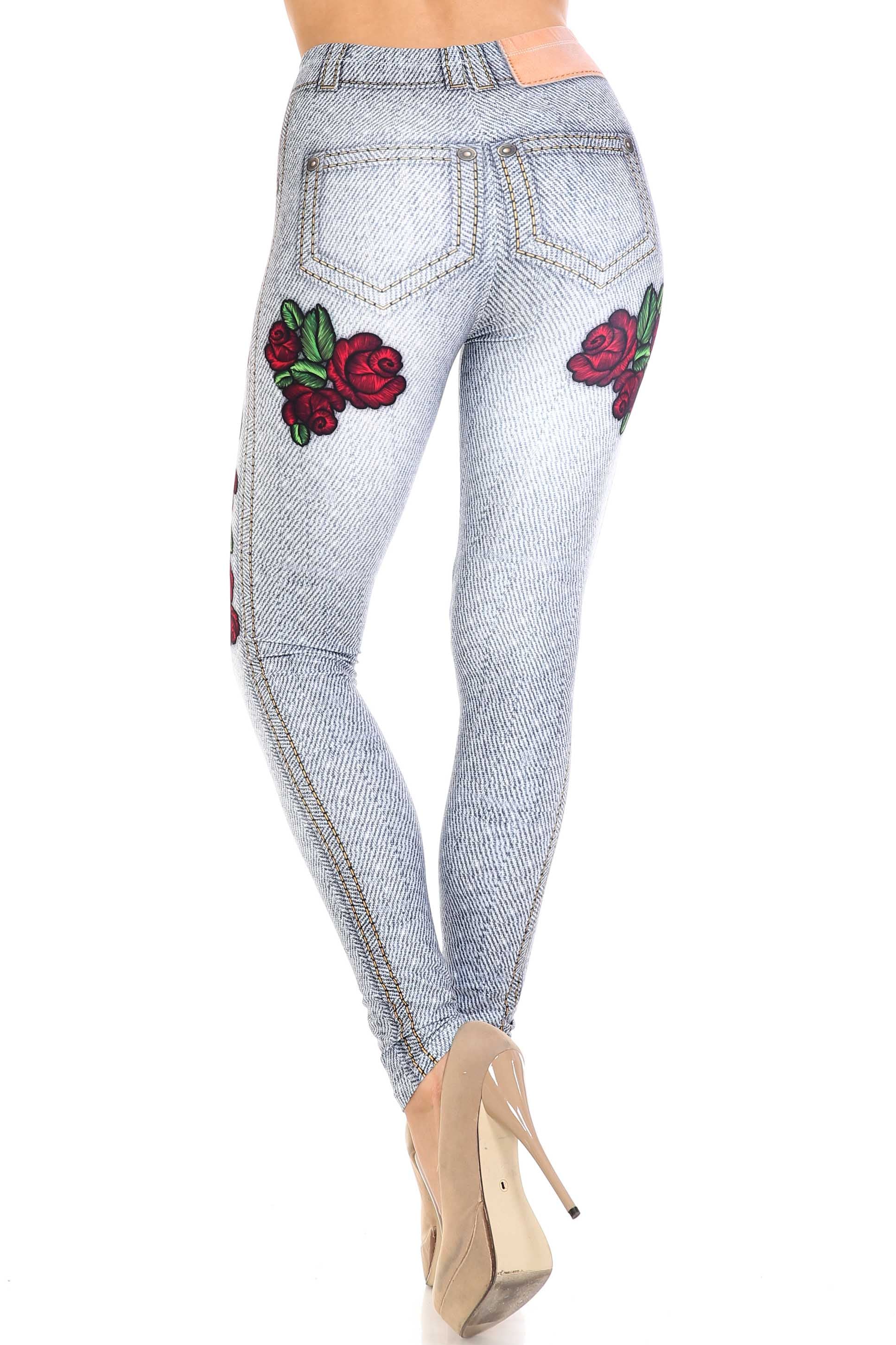 Creamy Soft Light Blue Denim Rose Leggings | By USA Fashion (One Size Regular,Blue)
