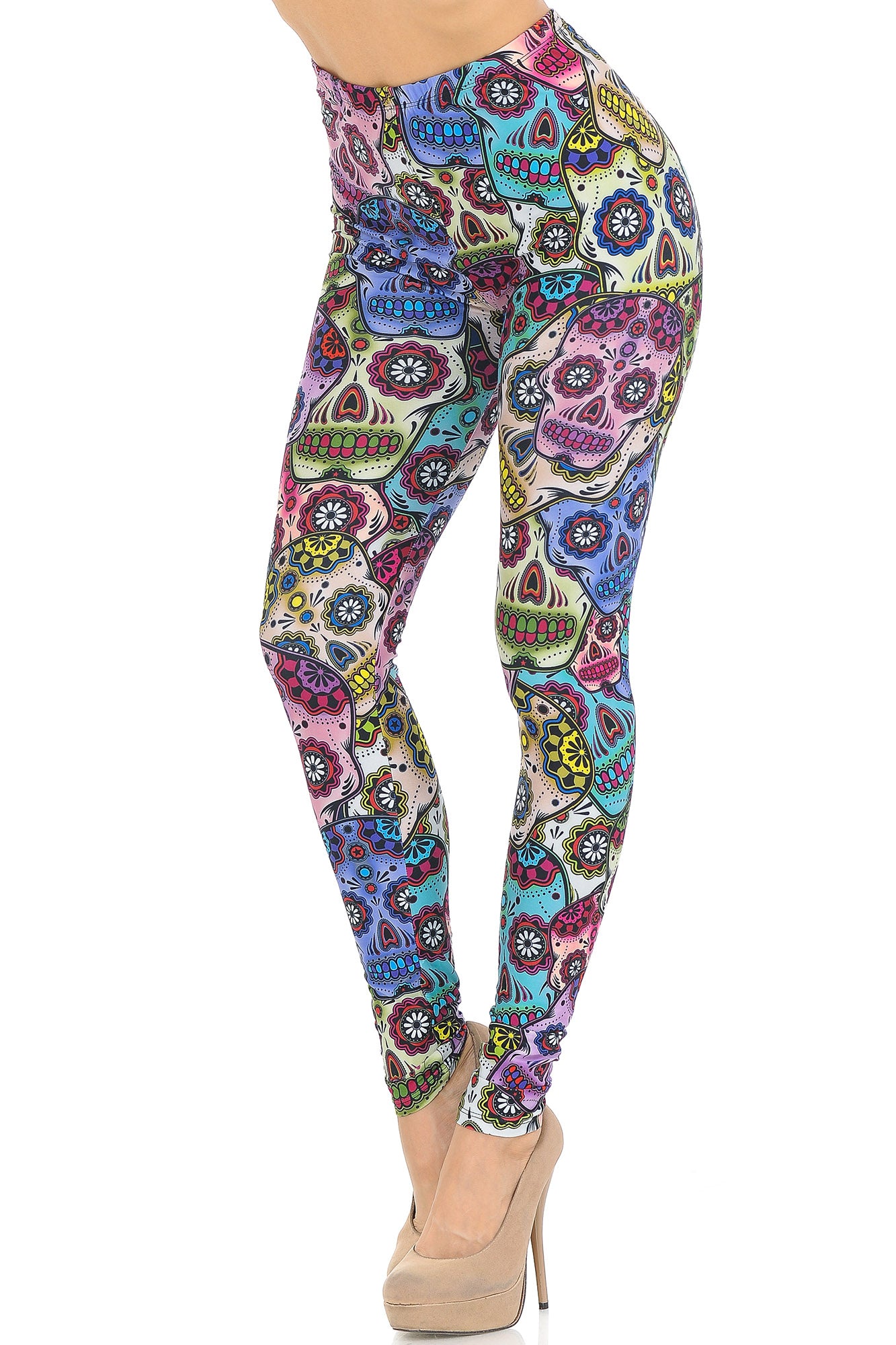 Creamy Soft Sugar Skull Leggings - USA Fashion (One Size Regular,Multi Color Bold)