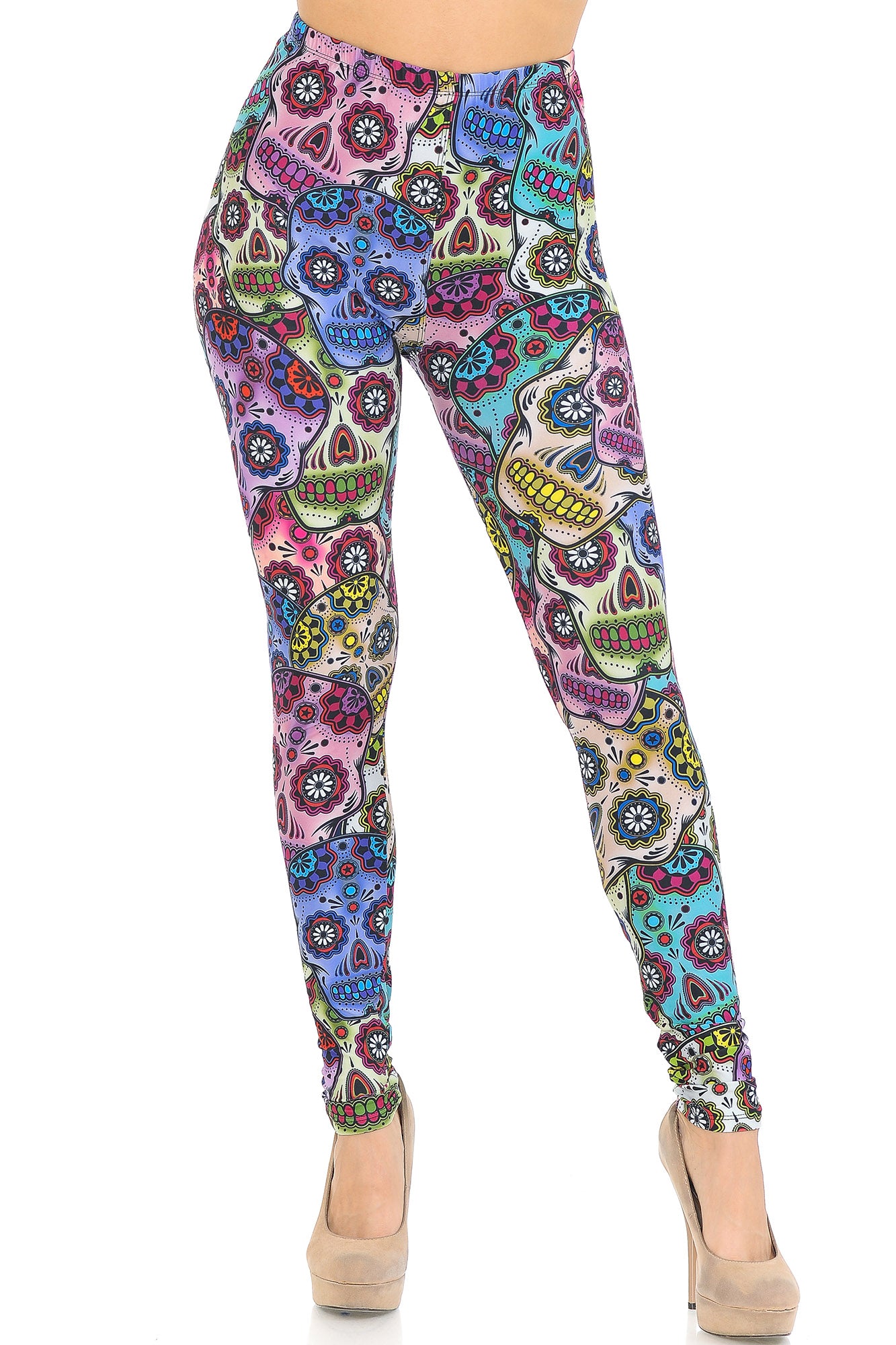 Creamy Soft Sugar Skull Leggings - USA Fashion (One Size Regular,Multi Color Bold)