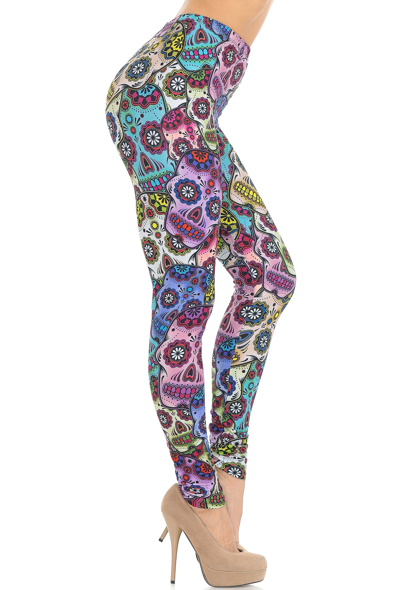 Creamy Soft Sugar Skull Leggings - USA Fashion (One Size Regular,Multi Color Bold)