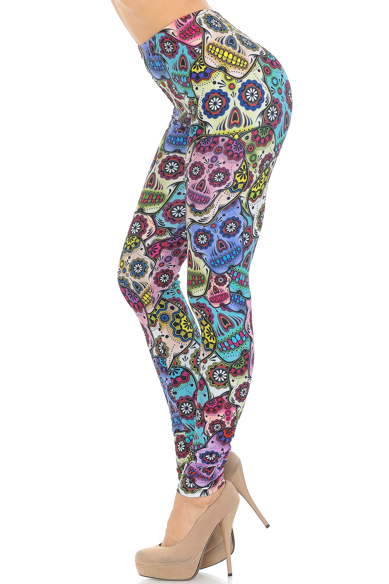 Creamy Soft Sugar Skull Leggings - USA Fashion (One Size Regular,Multi Color Bold)
