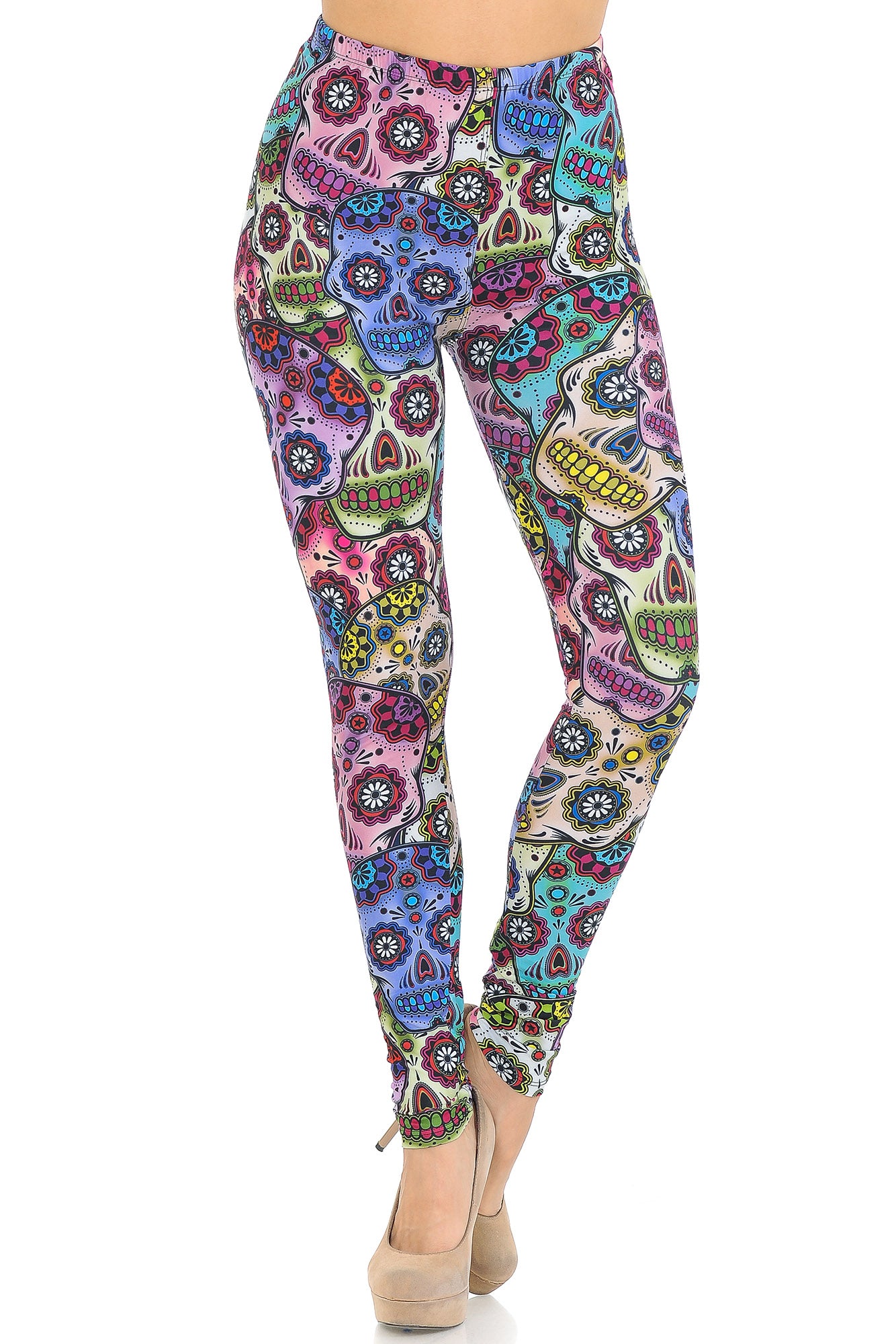 Creamy Soft Sugar Skull Leggings - USA Fashion (One Size Regular,Multi Color Bold)