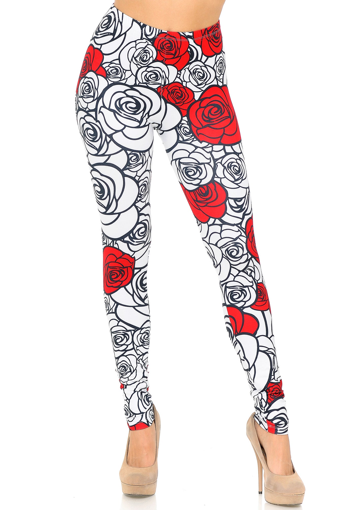 Creamy Soft Red Stencil Roses Leggings - USA Fashion (One Size Regular,White)
