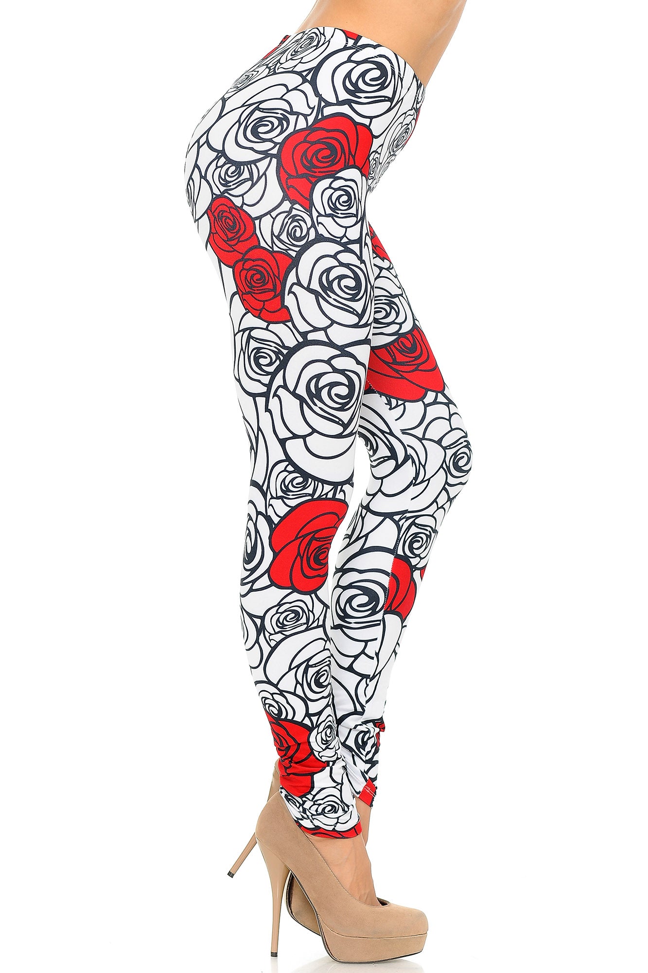 Creamy Soft Red Stencil Roses Leggings - USA Fashion (One Size Regular,White)