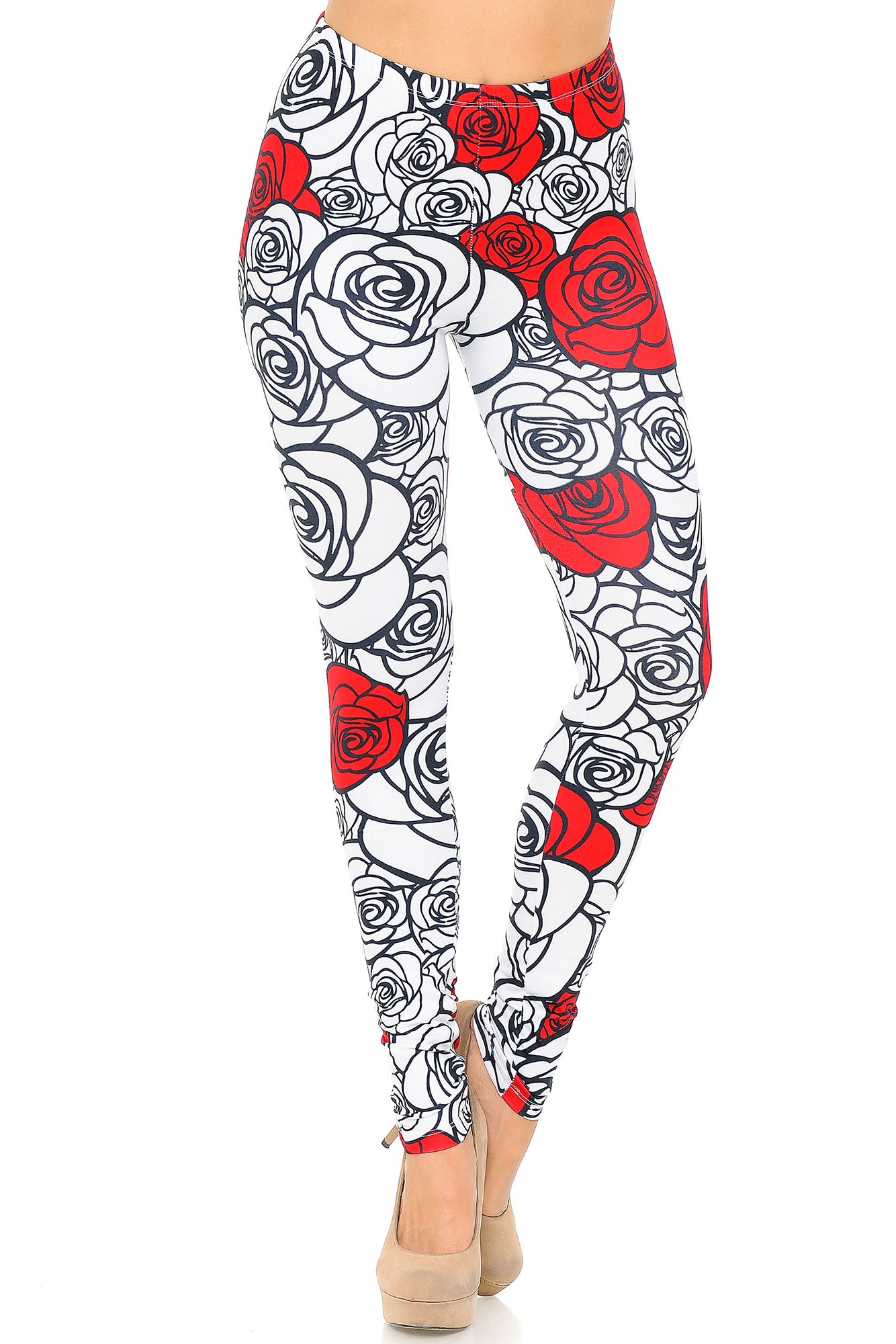 Creamy Soft Red Stencil Roses Leggings - USA Fashion (One Size Regular,White)