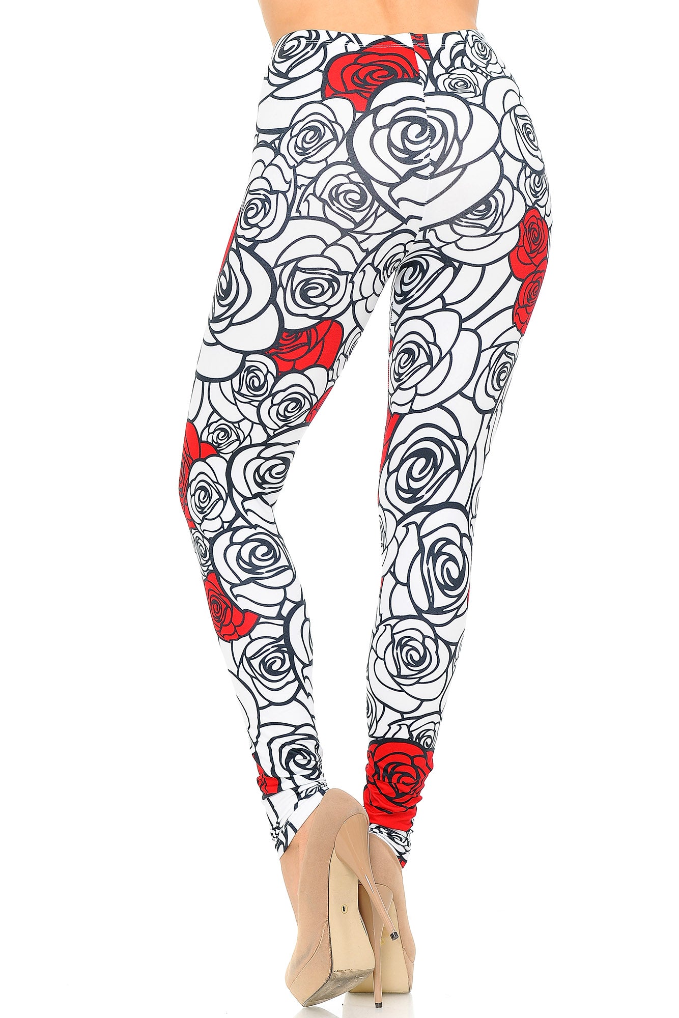 Creamy Soft Red Stencil Roses Leggings - USA Fashion (One Size Regular,White)
