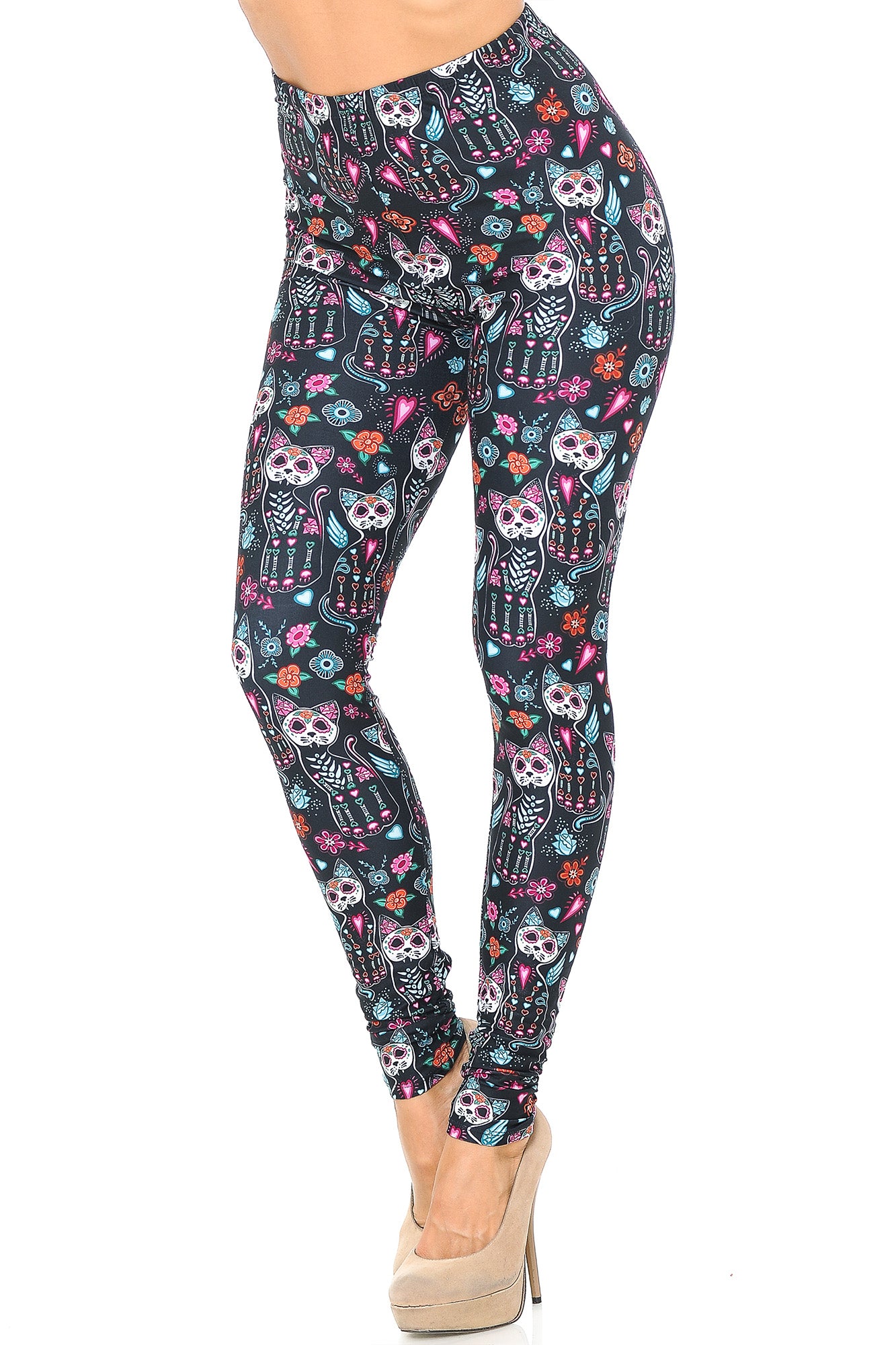 Creamy Soft Sugar Skull Kitty Cats Leggings - USA Fashion (One Size Regular,Multi Color Bold)