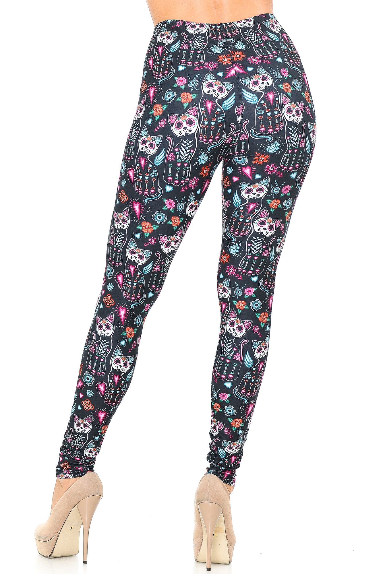 Creamy Soft Sugar Skull Kitty Cats Leggings - USA Fashion (One Size Regular,Multi Color Bold)