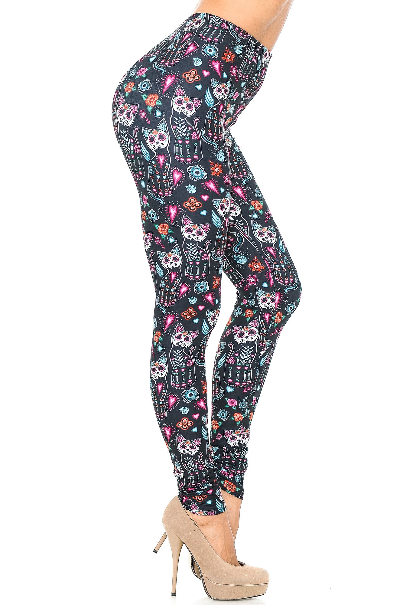 Creamy Soft Sugar Skull Kitty Cats Leggings - USA Fashion (One Size Regular,Multi Color Bold)