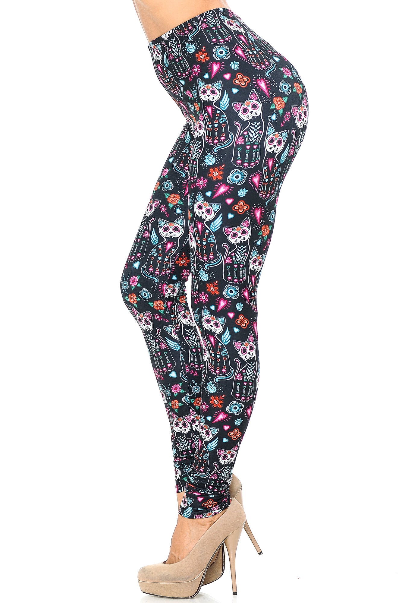 Creamy Soft Sugar Skull Kitty Cats Leggings - USA Fashion (One Size Regular,Multi Color Bold)