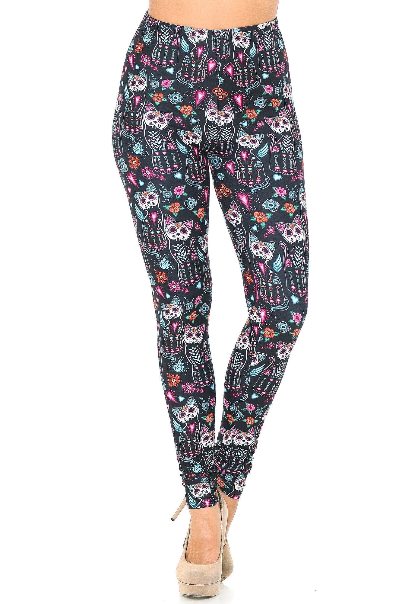Creamy Soft Sugar Skull Kitty Cats Leggings - USA Fashion (One Size Regular,Multi Color Bold)